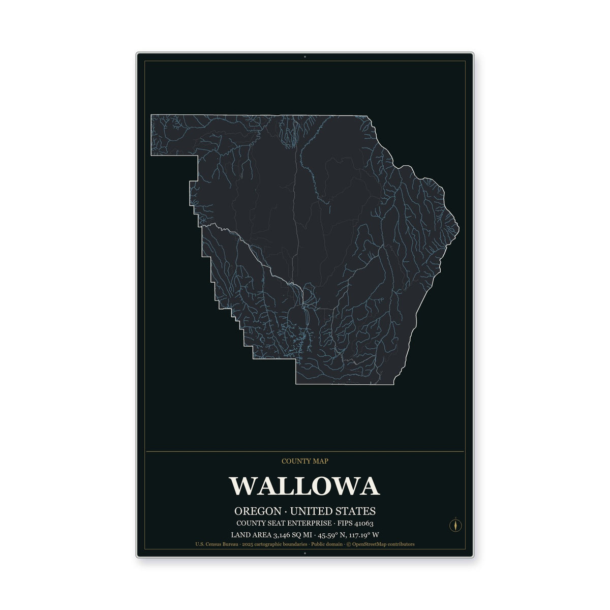 Wallowa County, Oregon Map Aluminum Sign in Metropolitan Noir style