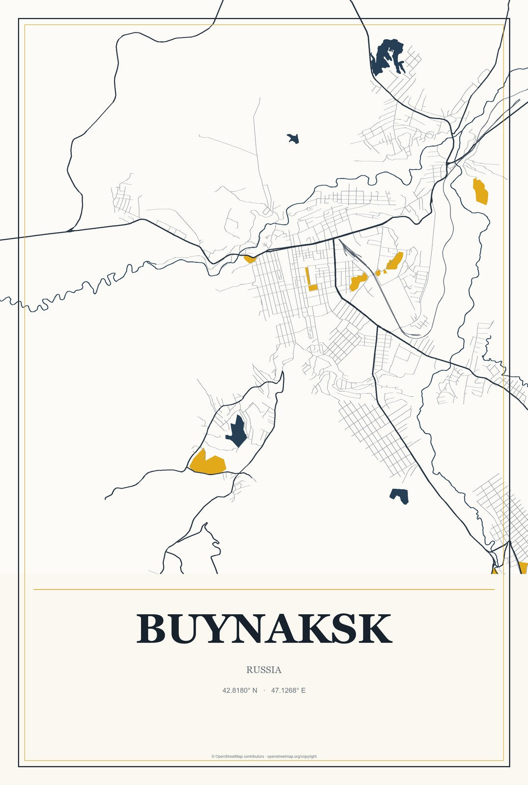 Buynaksk, Russia City Map Aluminum Sign in Citrine Modern style