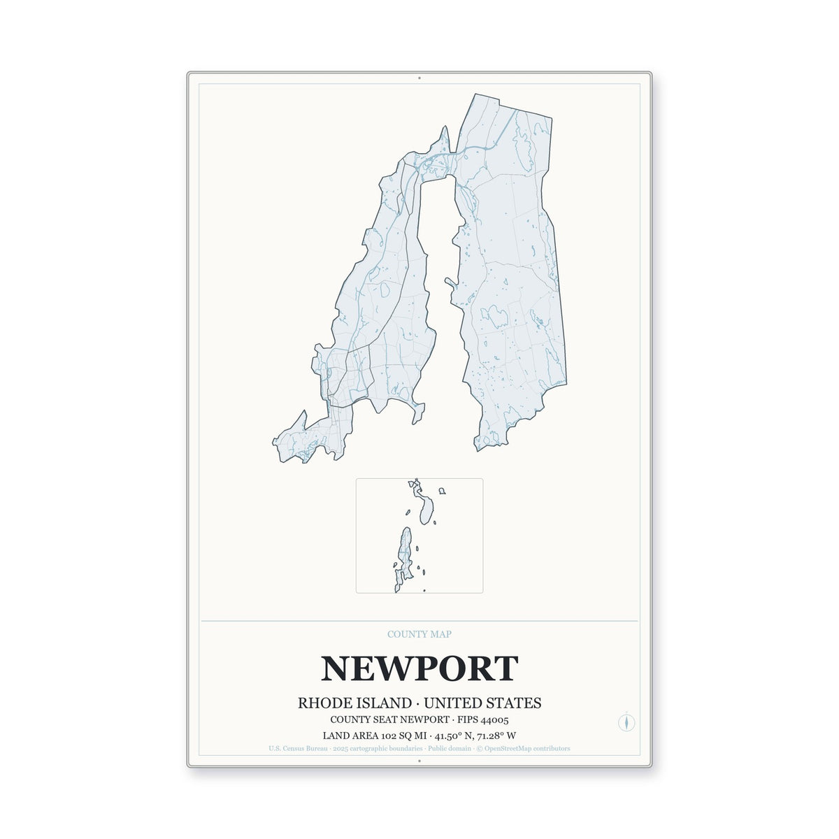 Newport County, Rhode Island Map Aluminum Sign in Gallery Air style