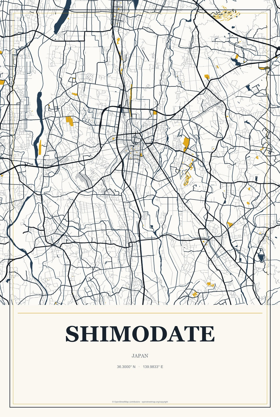 Shimodate, Japan City Map Aluminum Sign in Citrine Modern style