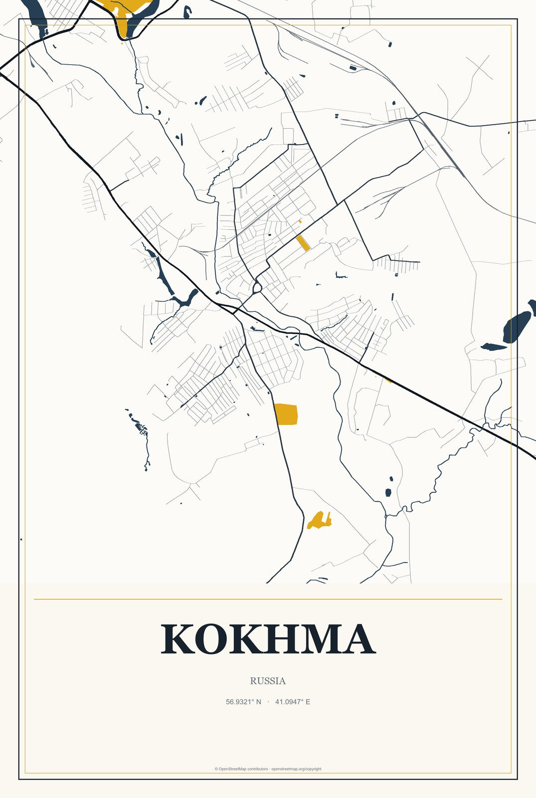Kokhma, Russia City Map Aluminum Sign in Citrine Modern style