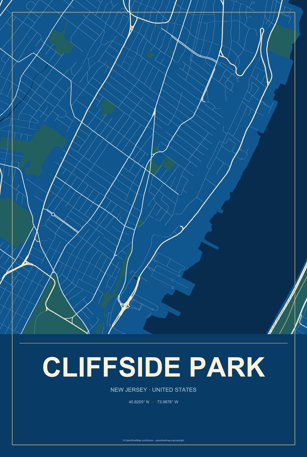 Cliffside Park, New Jersey City Map Aluminum Sign in Harbor Cobalt style