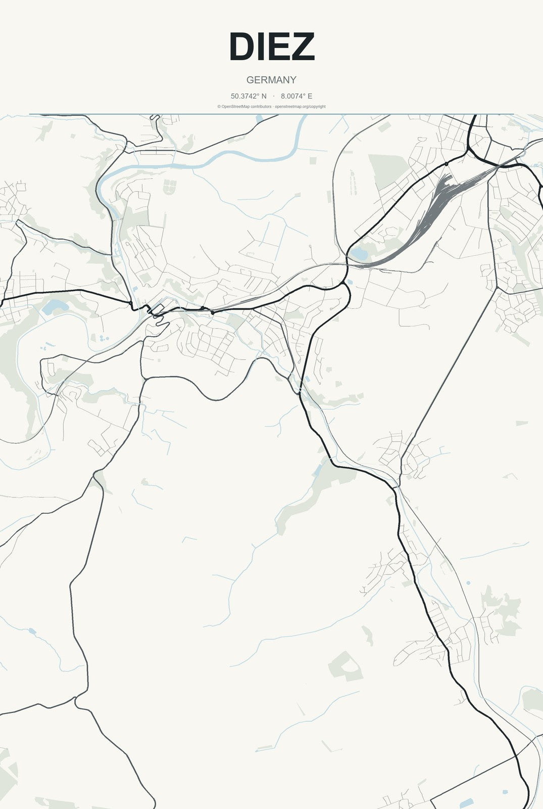 Diez, Germany City Map Aluminum Sign in Headline Atlas style