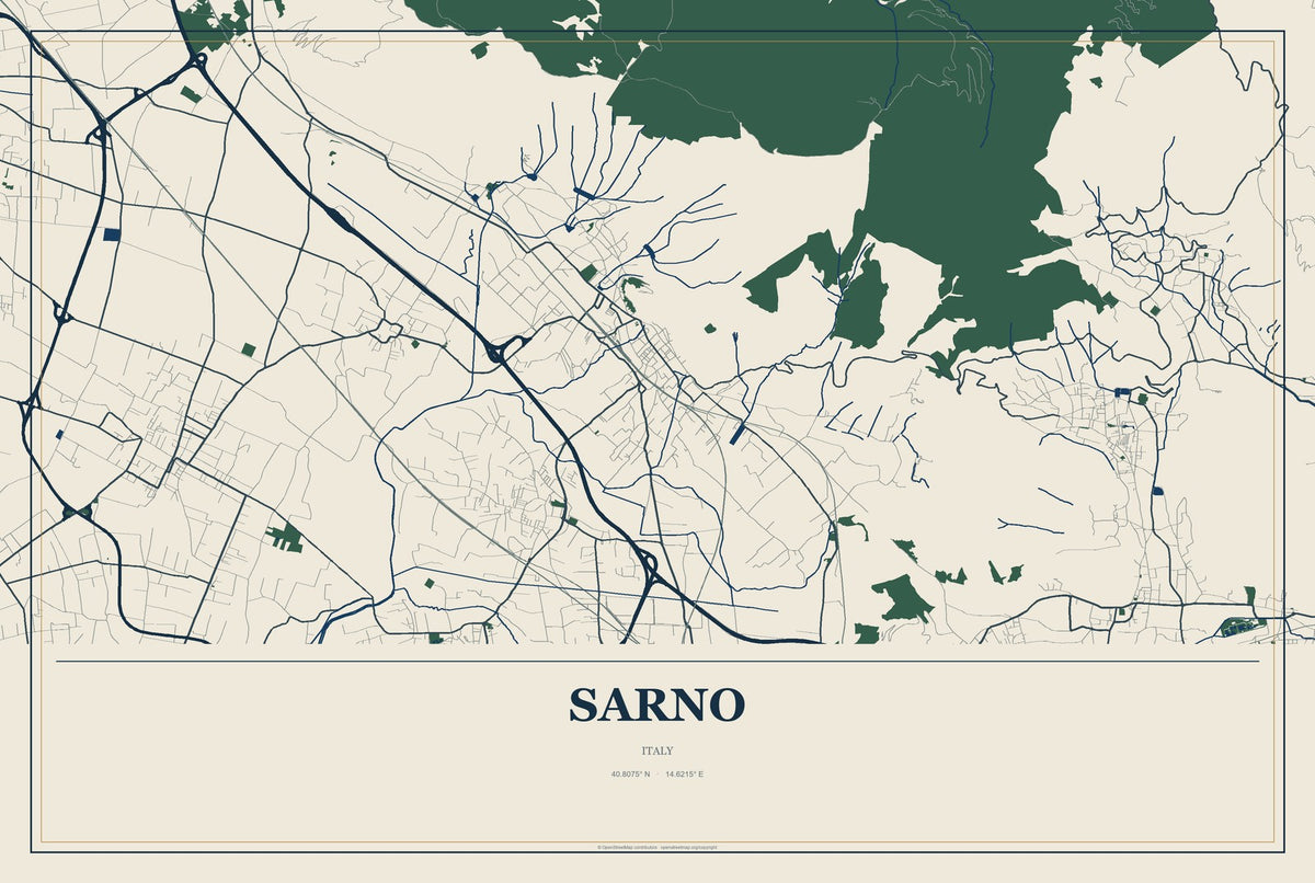 Sarno, Italy City Map Aluminum Sign in Coastal Cutout style