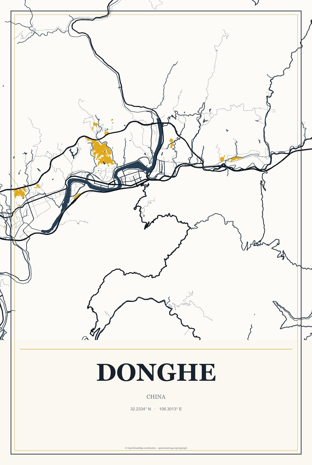 Donghe, Sichuan, China City Map Aluminum Sign in Citrine Modern style