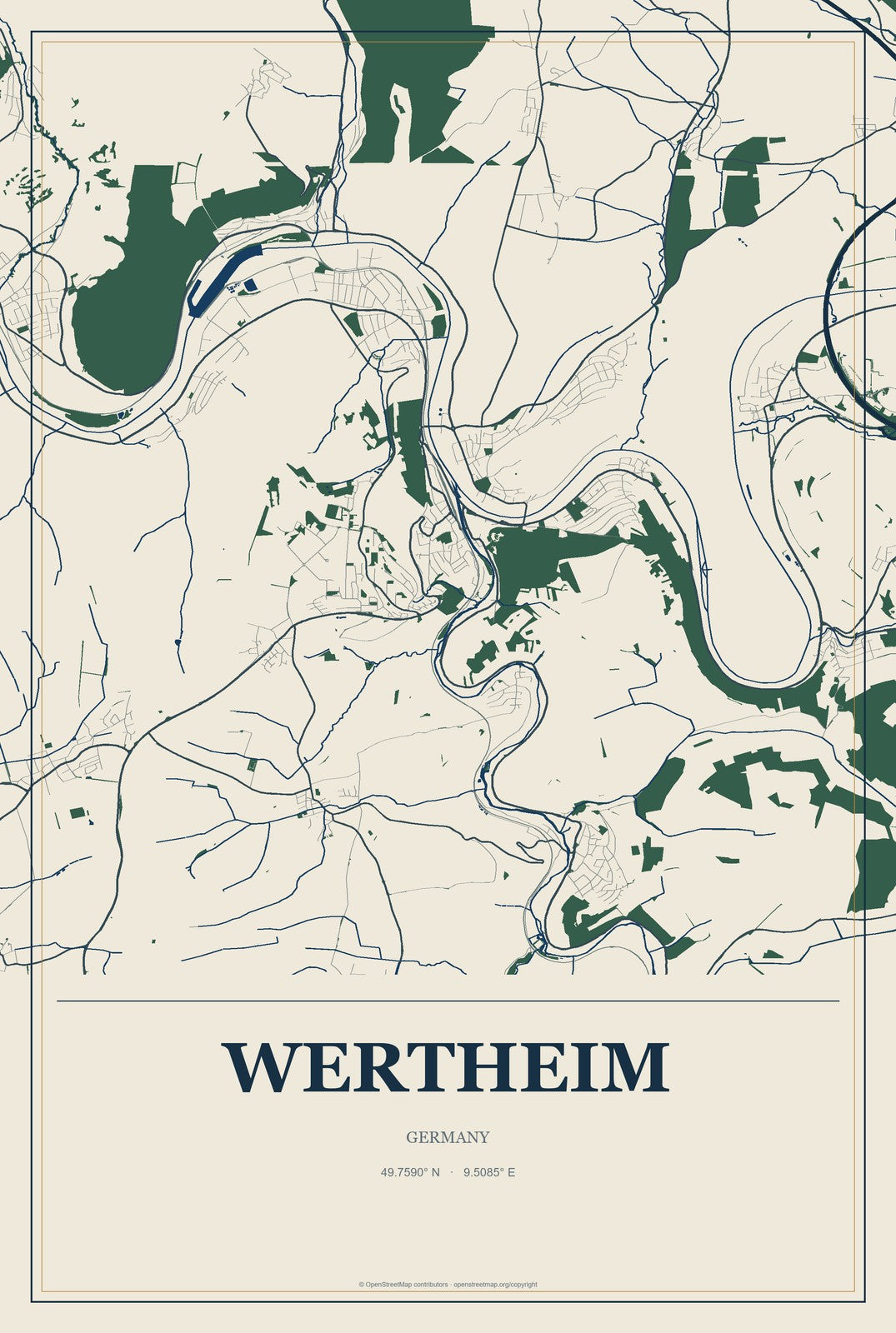 Wertheim, Germany City Map Aluminum Sign in Coastal Cutout style