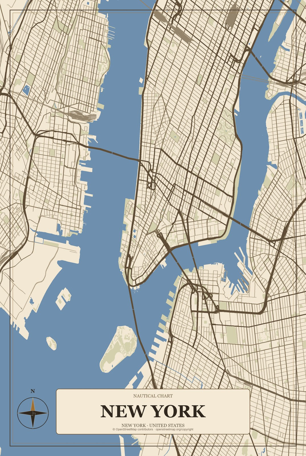 New York, New York City Map Aluminum Sign in Heritage Nautical style