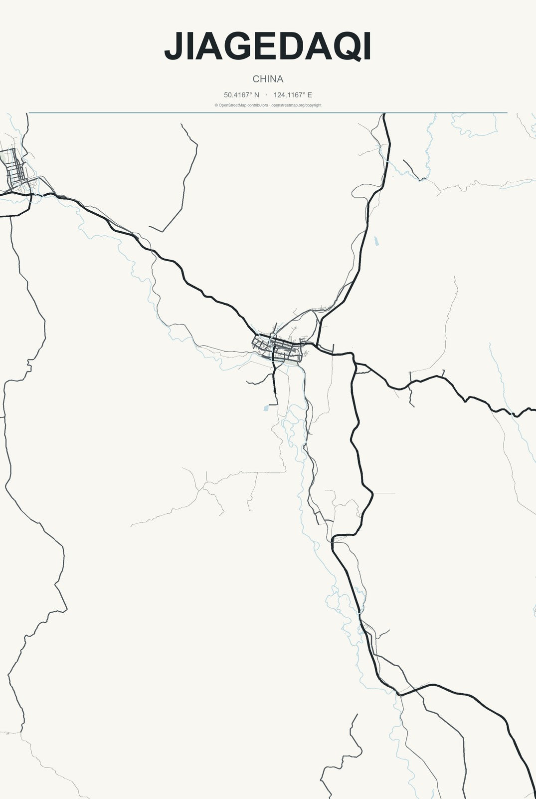 Jiagedaqi, China City Map Aluminum Sign in Headline Atlas style
