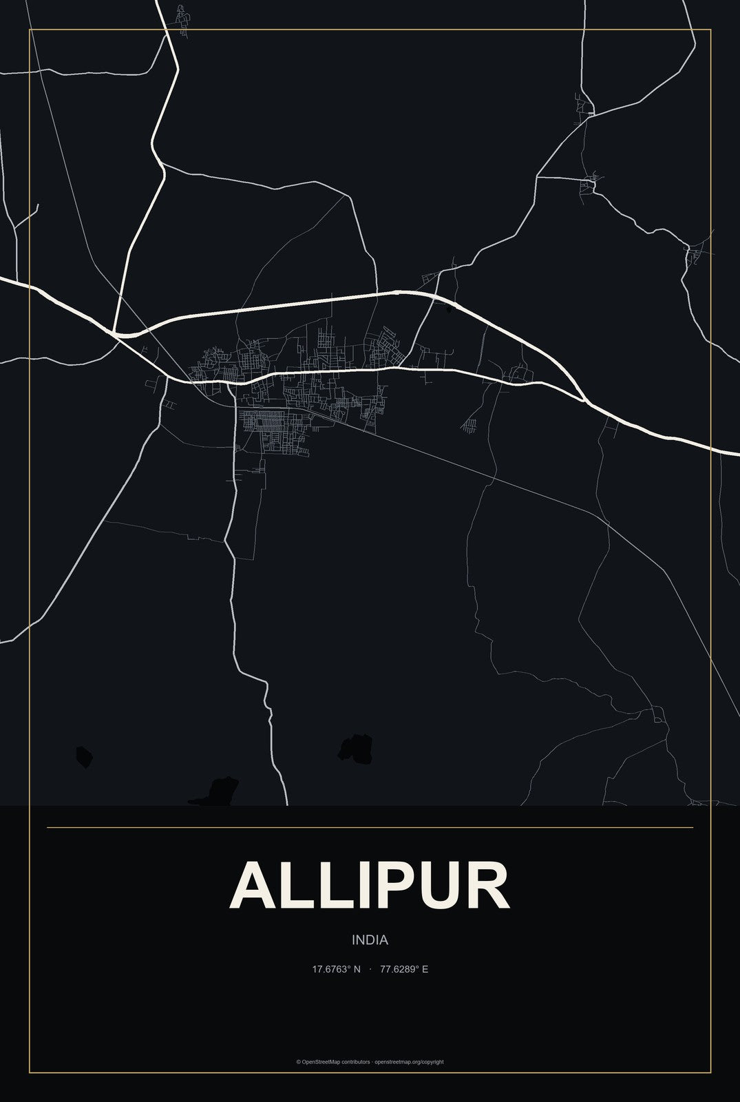 Allipur, India City Map Aluminum Sign in Metropolitan Noir style