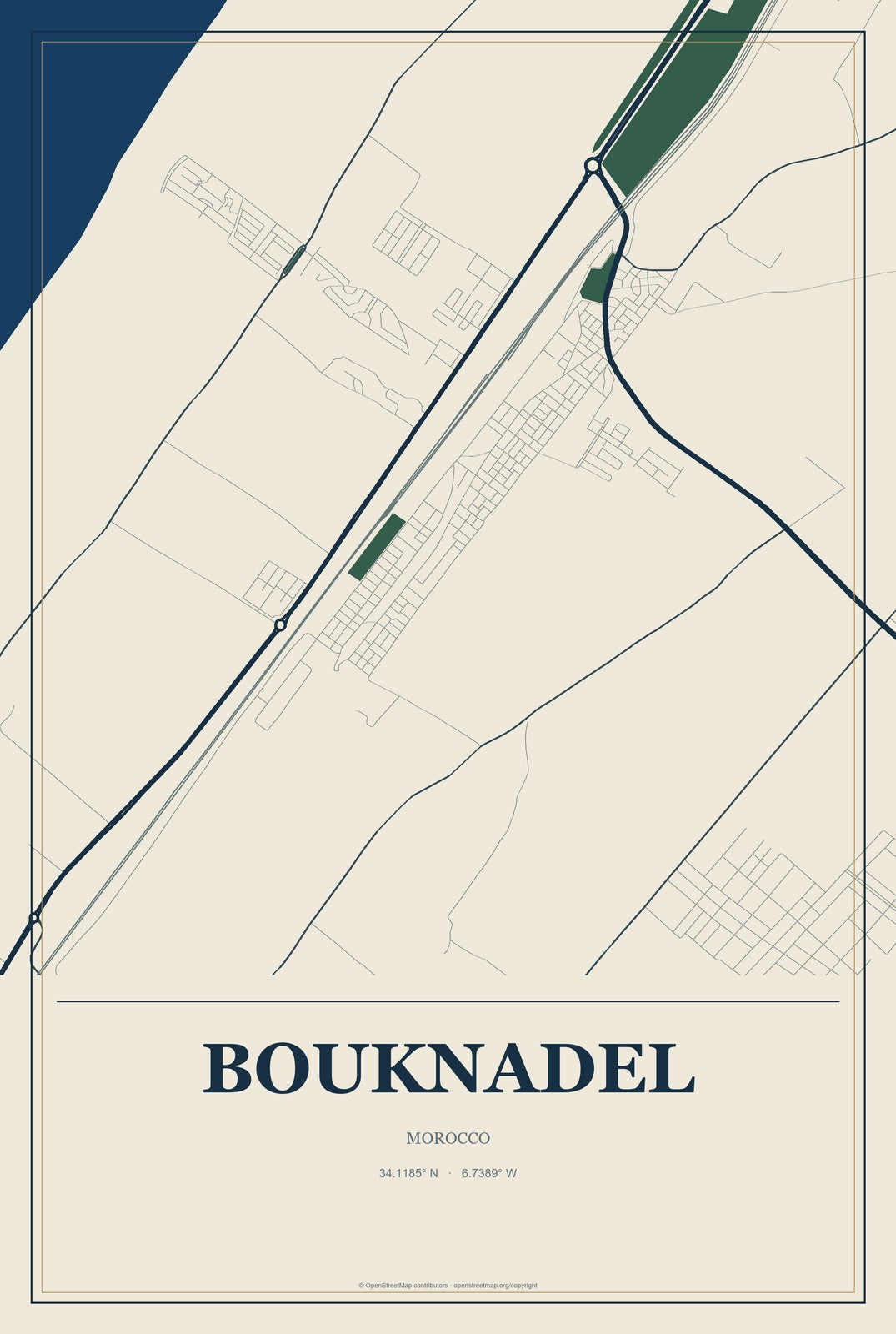 Bouknadel, Morocco City Map Aluminum Sign in Coastal Cutout style