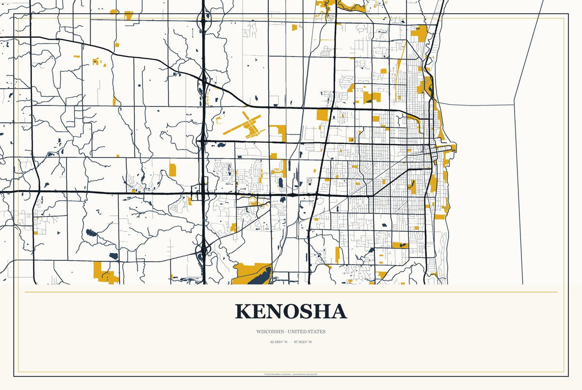Kenosha, Wisconsin City Map Aluminum Sign in Citrine Modern style