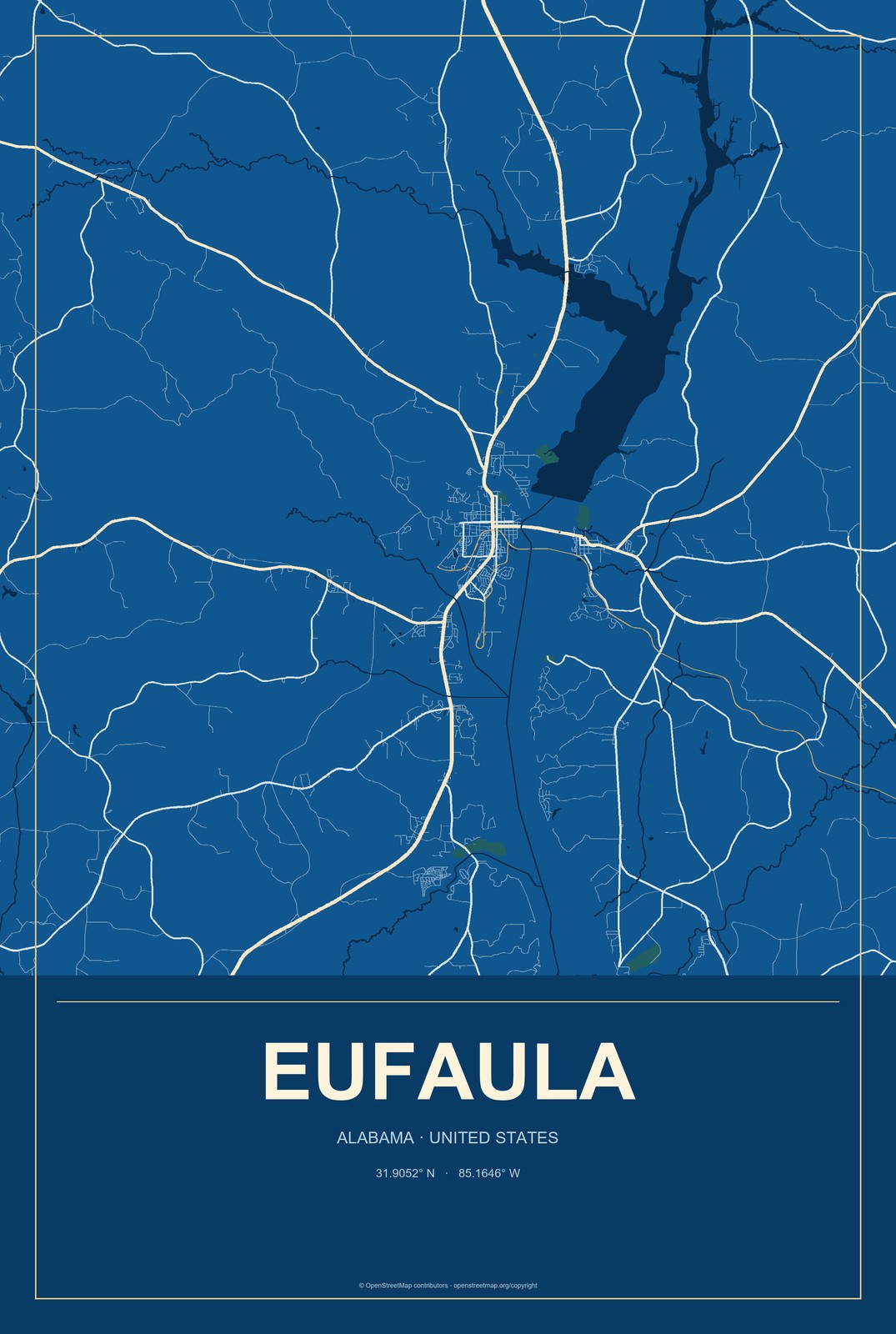 Eufaula, Alabama City Map Aluminum Sign in Harbor Cobalt style