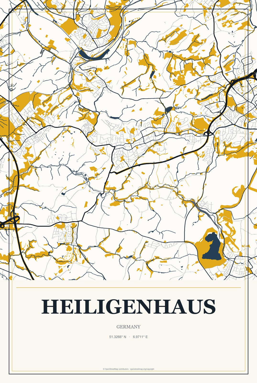 Heiligenhaus, Germany City Map Aluminum Sign in Citrine Modern style