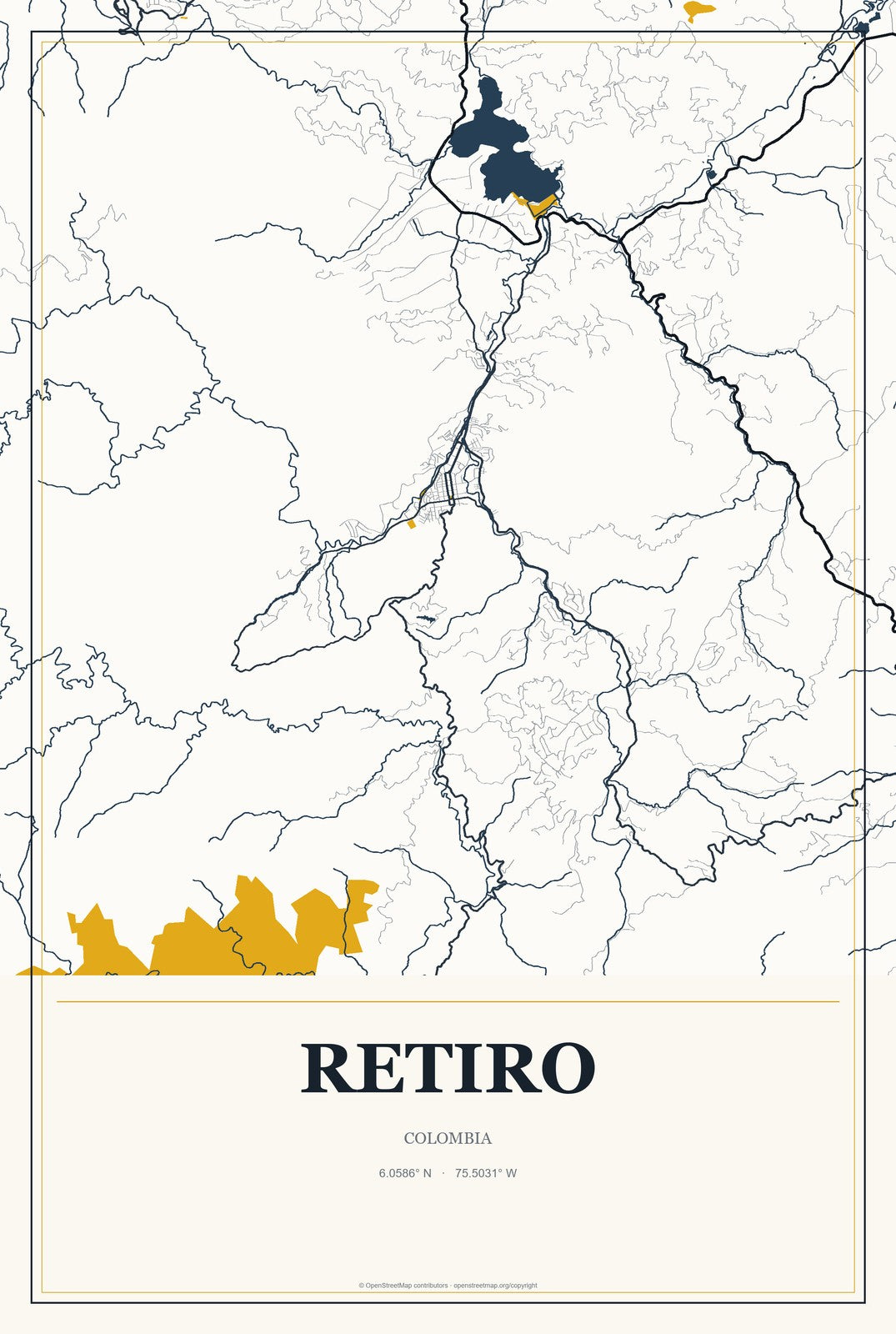 Retiro, Colombia City Map Aluminum Sign in Citrine Modern style