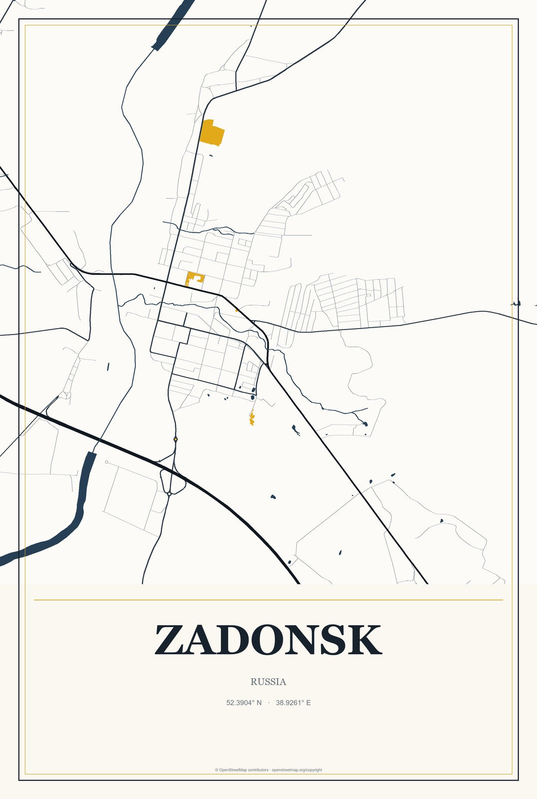 Zadonsk, Russia City Map Aluminum Sign in Citrine Modern style