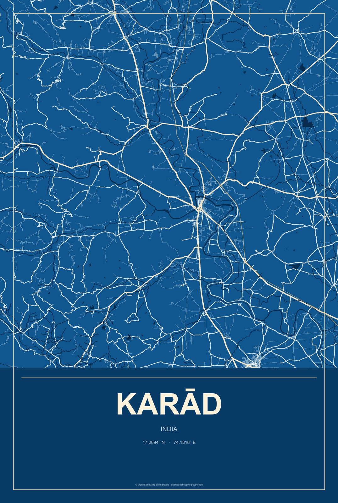Karād, India City Map Aluminum Sign in Harbor Cobalt style