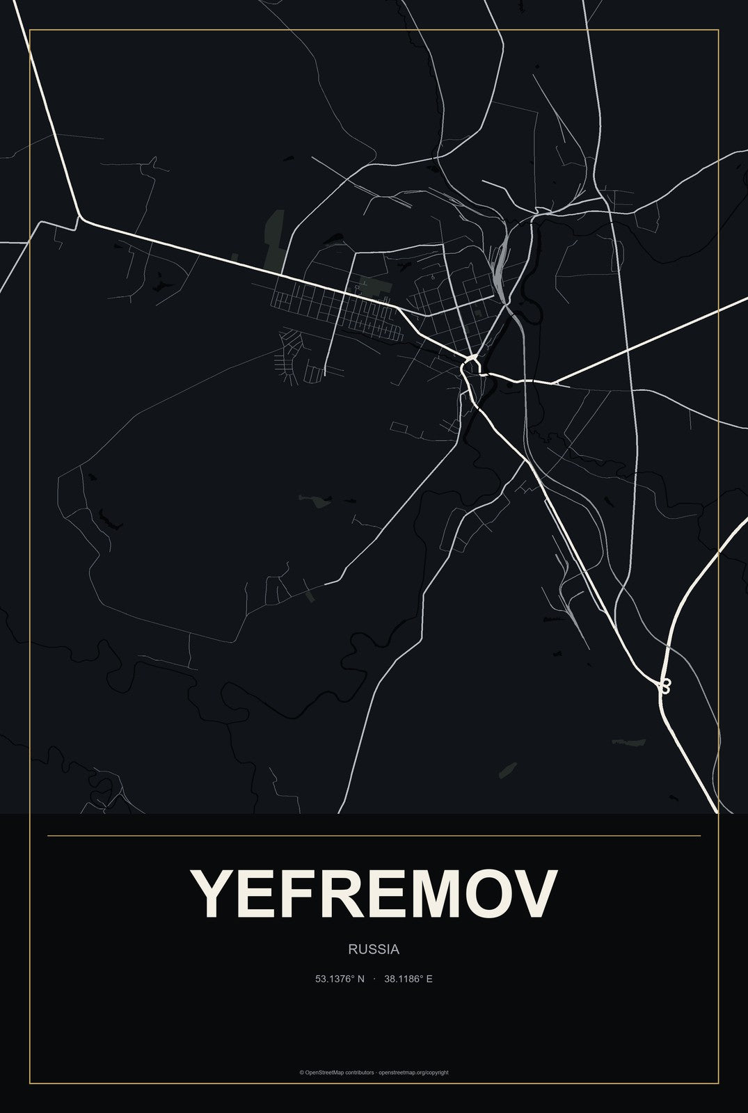 Yefremov, Russia City Map Aluminum Sign in Metropolitan Noir style