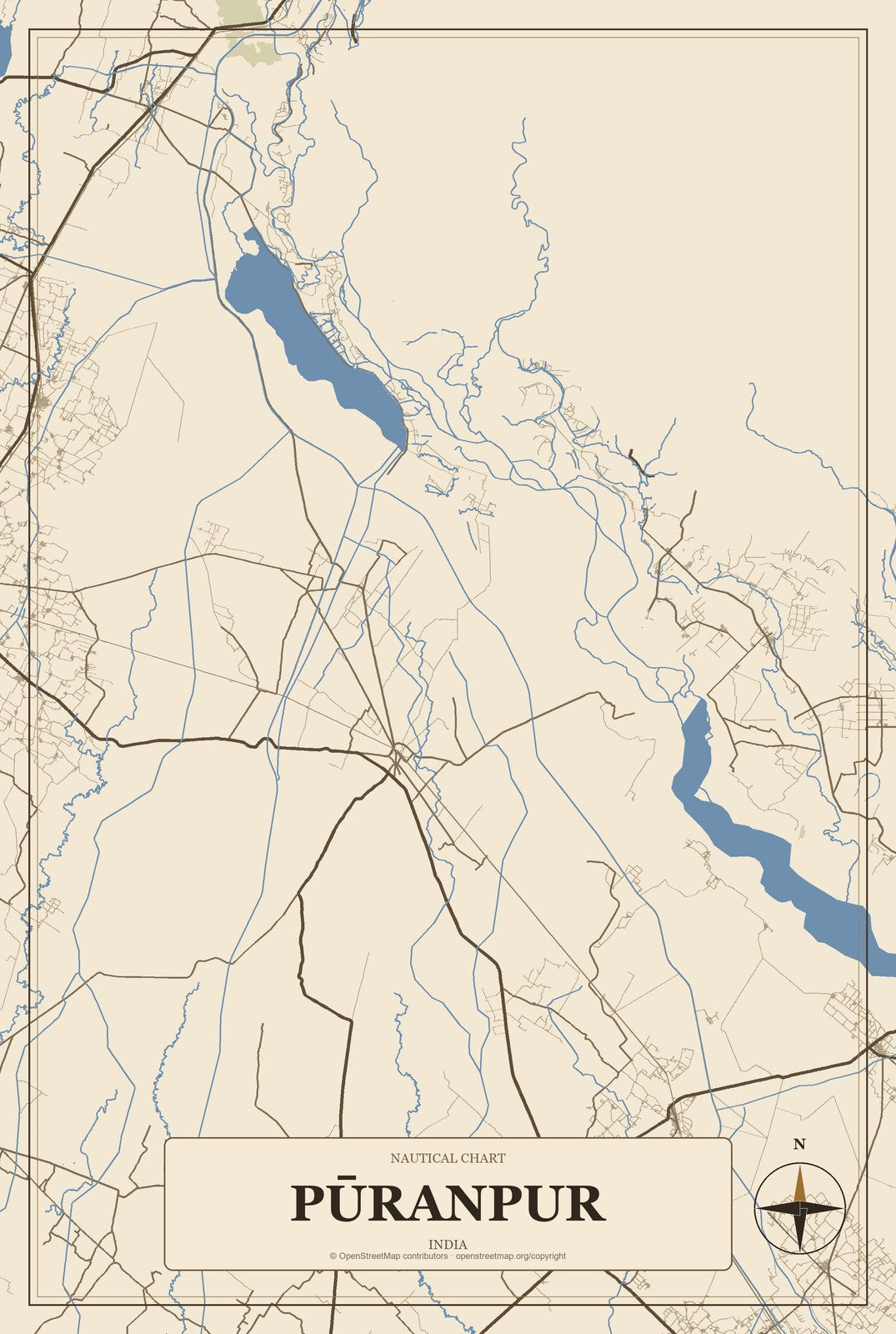 Pūranpur, India City Map Aluminum Sign in Heritage Nautical style