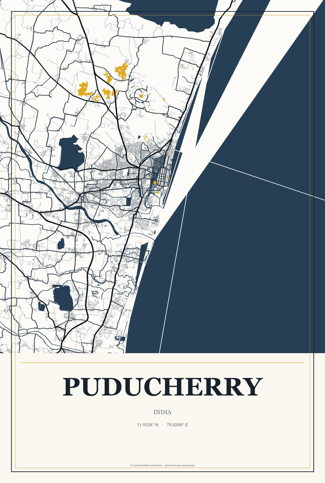 Puducherry, India City Map Aluminum Sign in Citrine Modern style