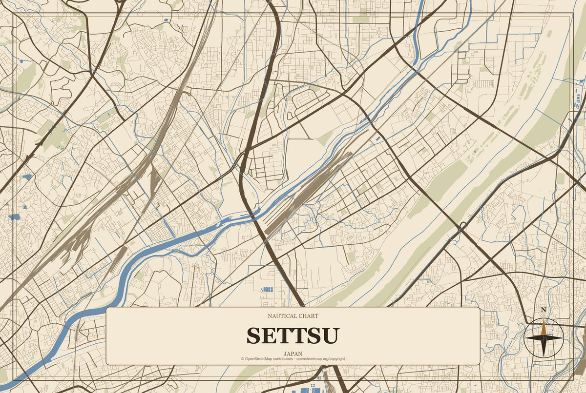 Settsu, Japan City Map Aluminum Sign in Heritage Nautical style
