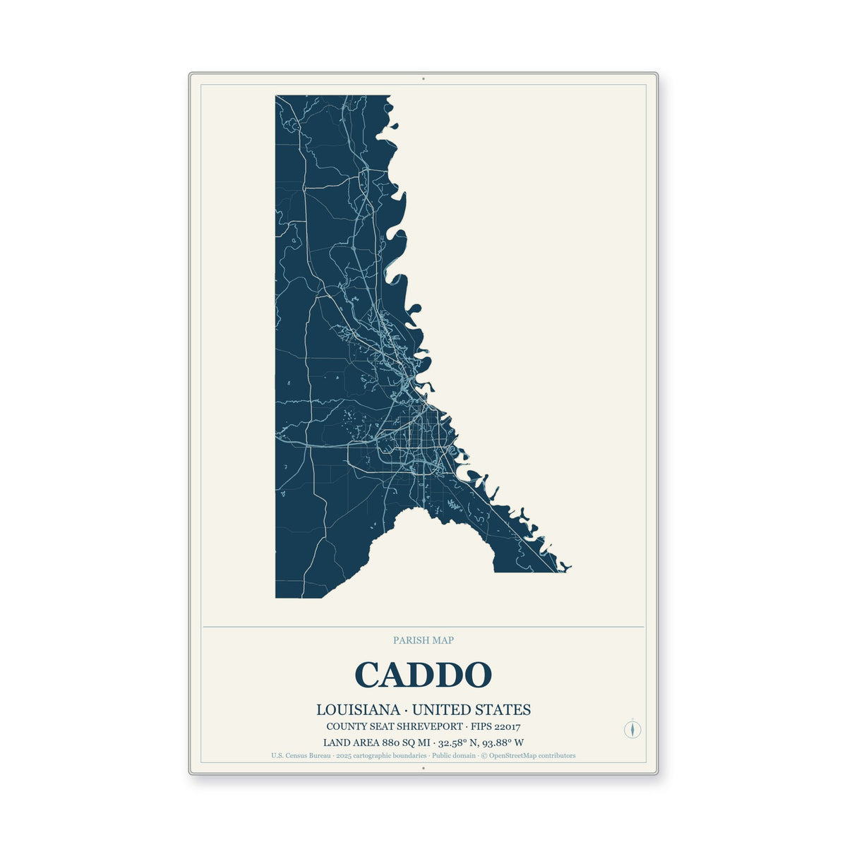 Caddo Parish, Louisiana Map Aluminum Sign in Coastal Cutout style