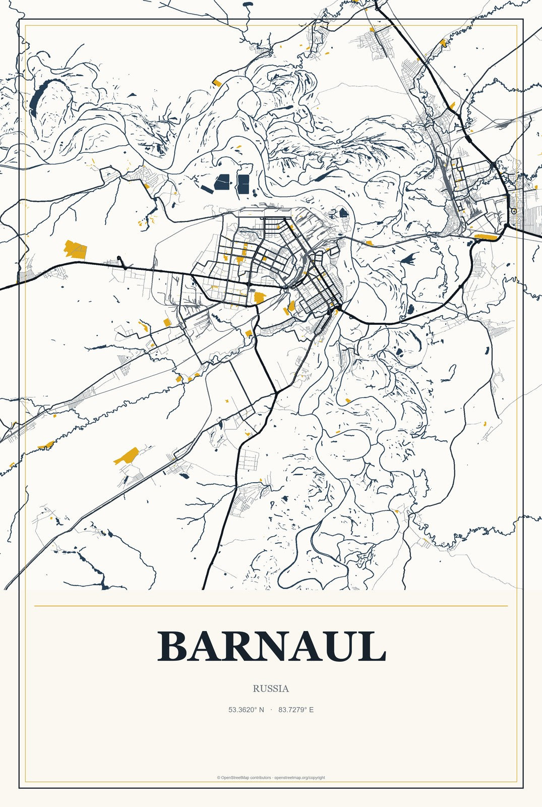 Barnaul, Russia City Map Aluminum Sign in Citrine Modern style