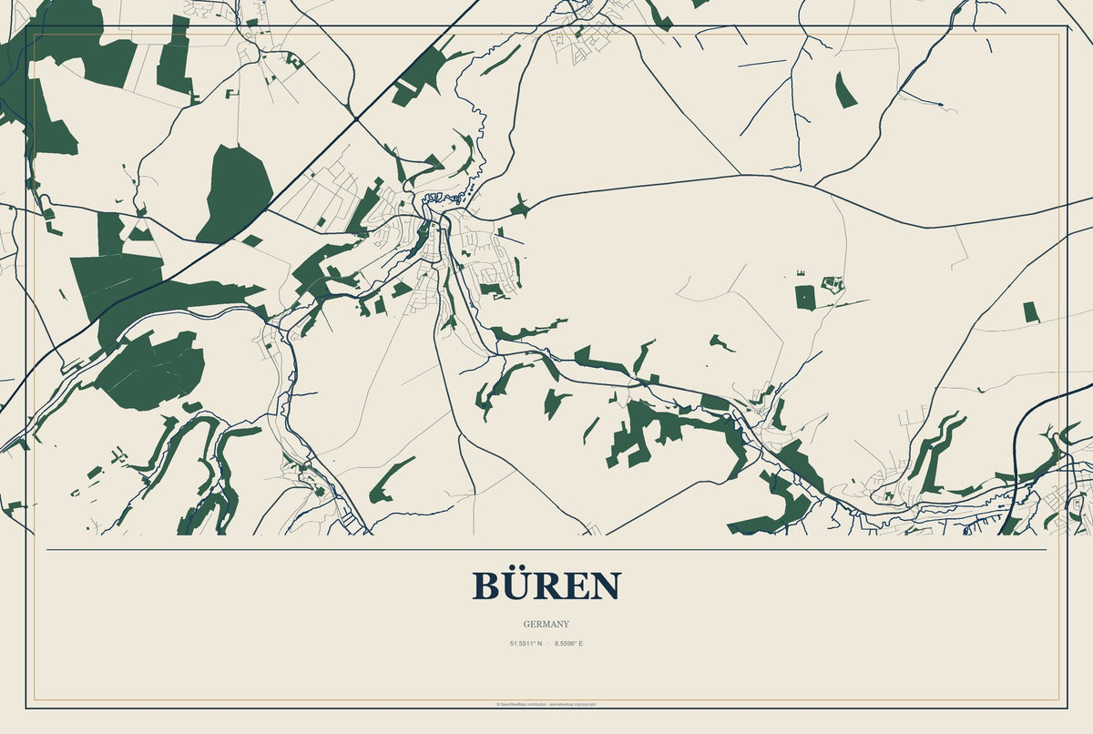 Büren, Germany City Map Aluminum Sign in Coastal Cutout style