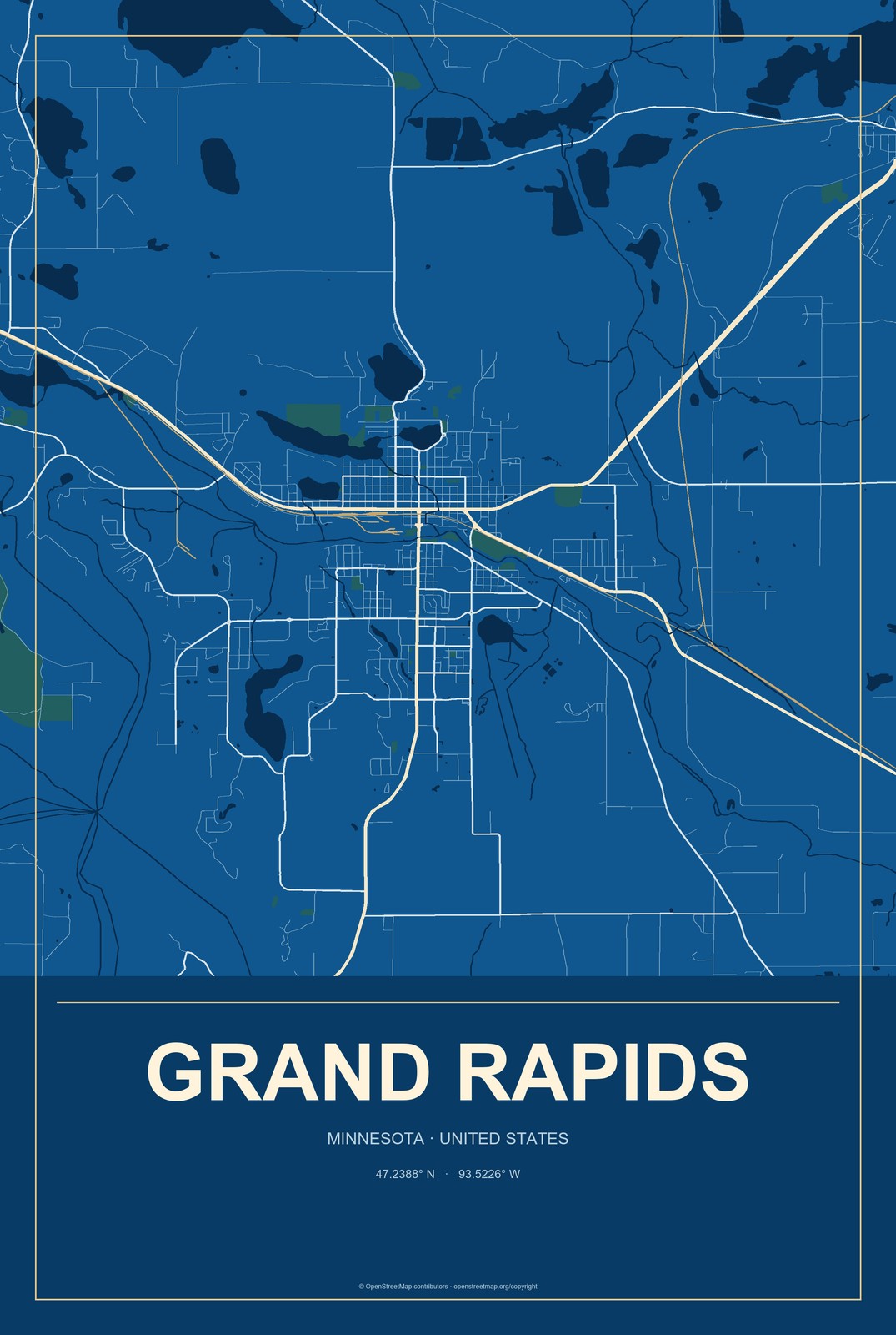 Grand Rapids, Minnesota City Map Aluminum Sign in Harbor Cobalt style