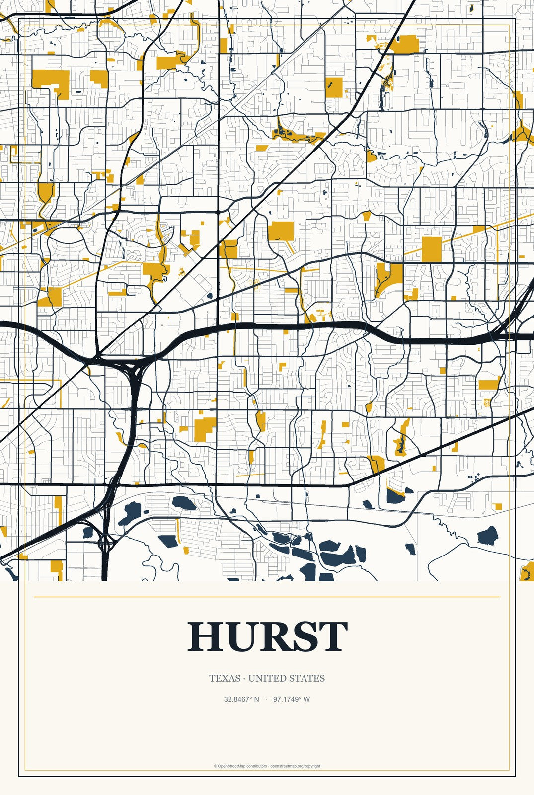 Hurst, Texas City Map Aluminum Sign in Citrine Modern style