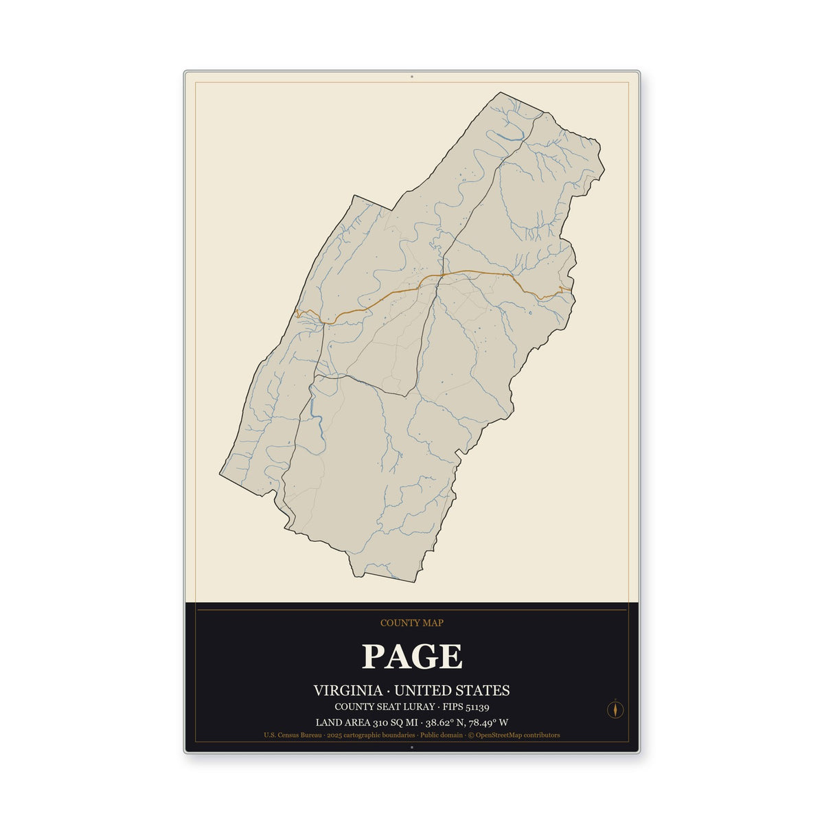 Page County, Virginia Map Aluminum Sign in Museum Plaque style