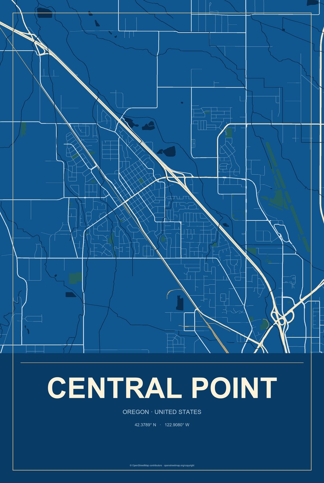 Central Point, Oregon City Map Aluminum Sign in Harbor Cobalt style