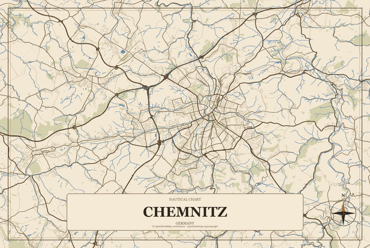 Chemnitz, Germany City Map Aluminum Sign in Heritage Nautical style