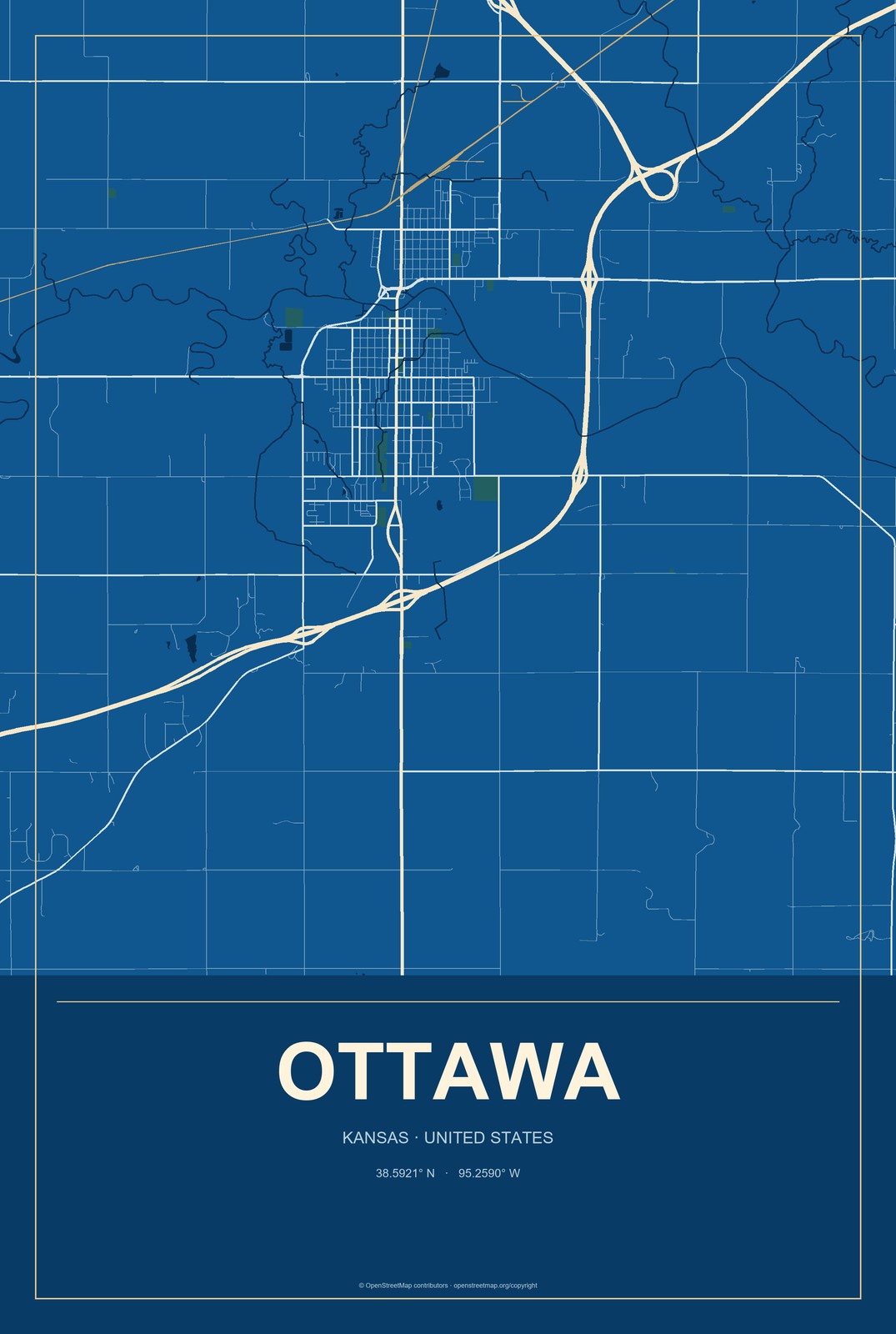 Ottawa, Kansas City Map Aluminum Sign in Harbor Cobalt style