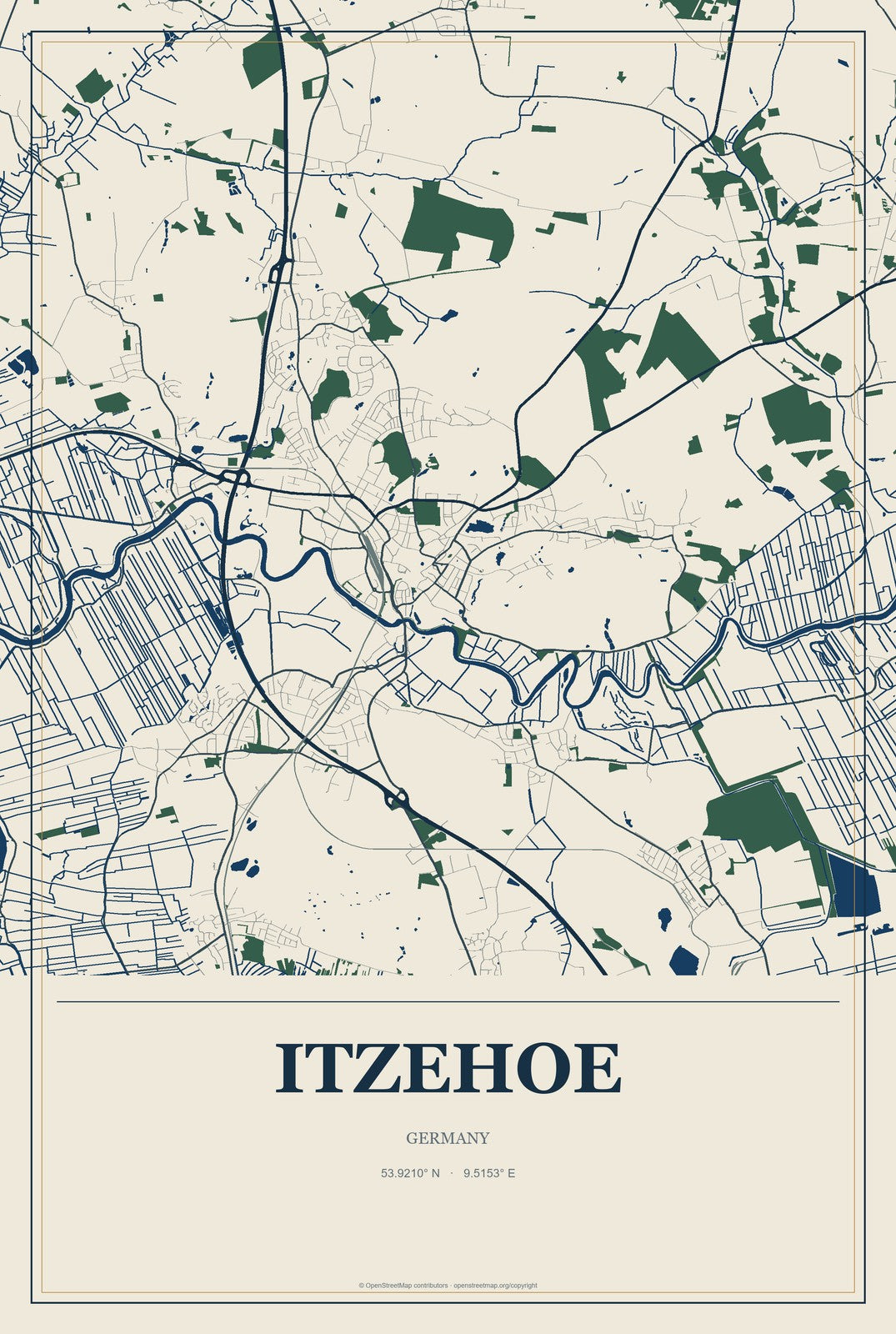 Itzehoe, Germany City Map Aluminum Sign in Coastal Cutout style
