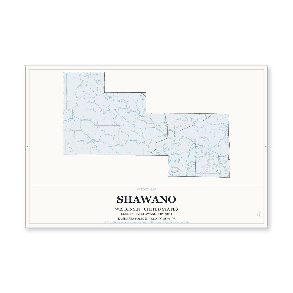Shawano County, Wisconsin Map Aluminum Sign in Gallery Air style