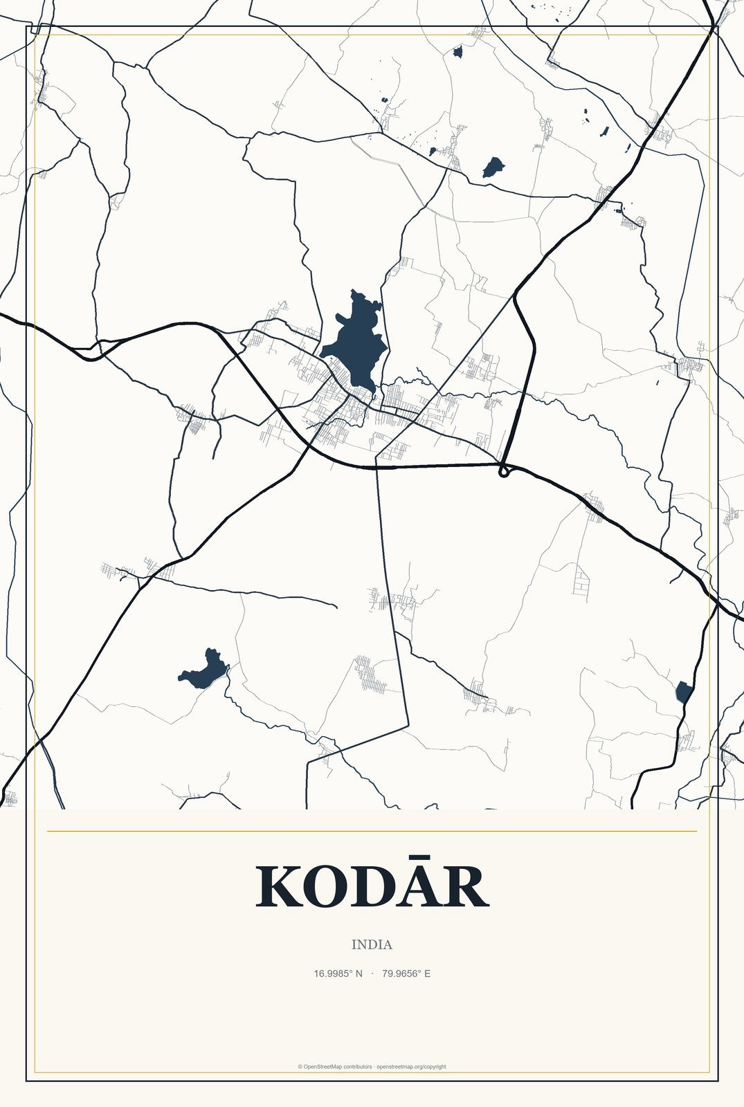 Kodār, India City Map Aluminum Sign in Citrine Modern style