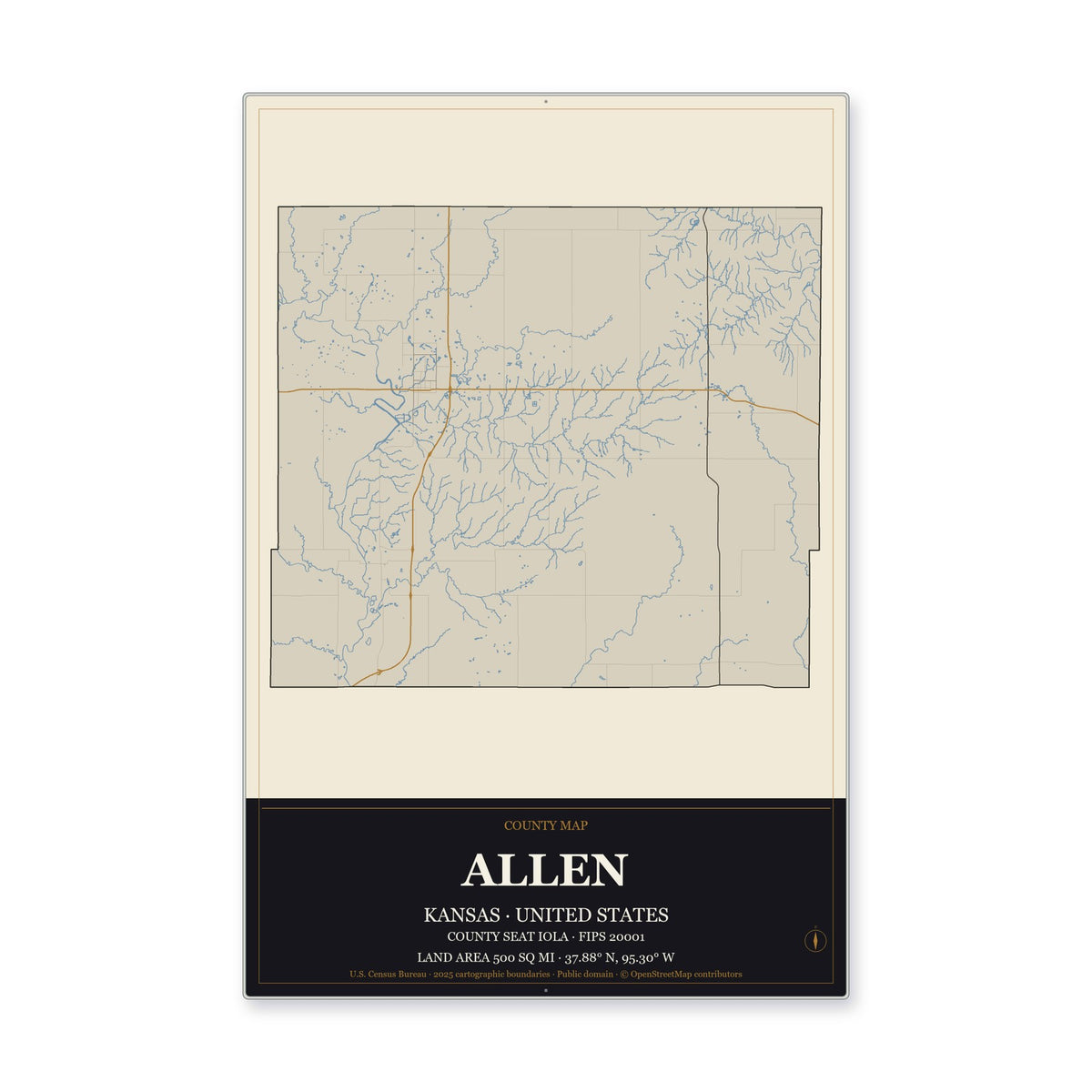 Allen County, Kansas Map Aluminum Sign in Museum Plaque style