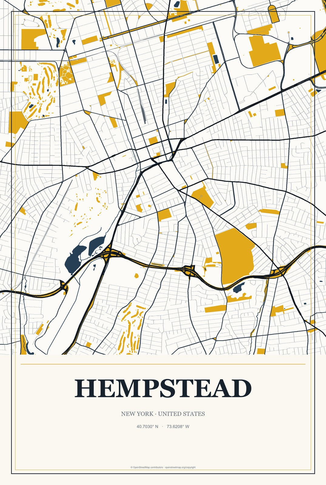 Hempstead, New York City Map Aluminum Sign in Citrine Modern style