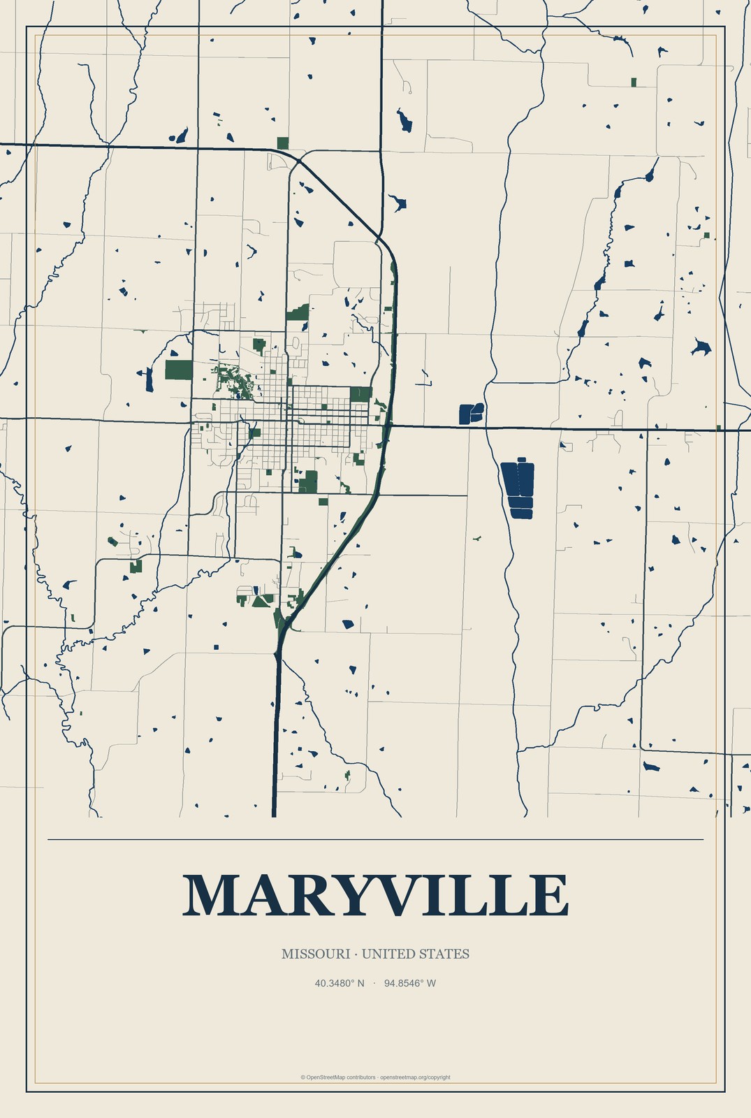 Maryville, Missouri City Map Aluminum Sign in Coastal Cutout style