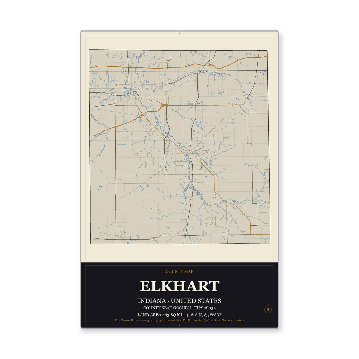 Elkhart County, Indiana Map Aluminum Sign in Museum Plaque style