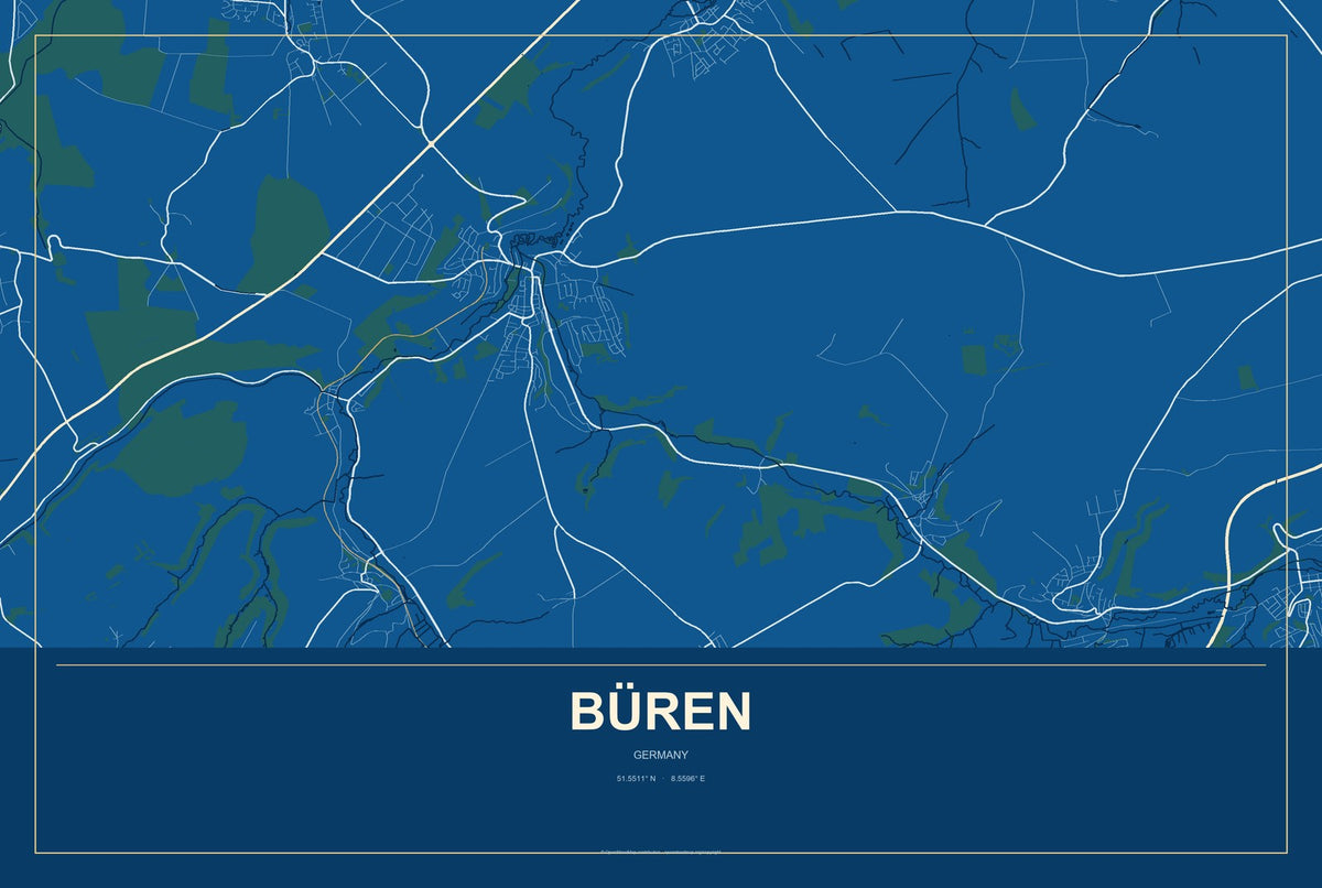 Büren, Germany City Map Aluminum Sign in Harbor Cobalt style