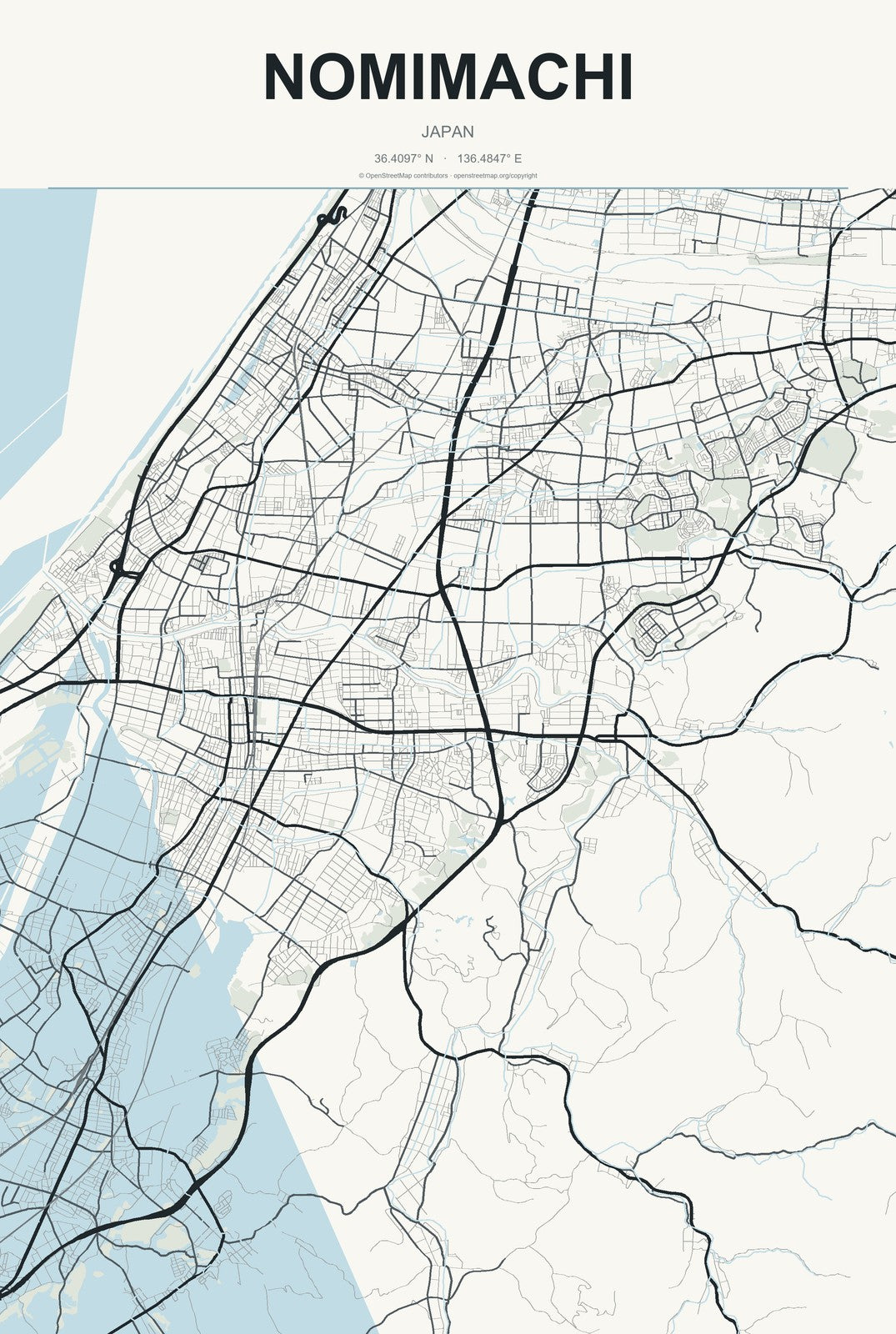 Nomimachi, Japan City Map Aluminum Sign in Headline Atlas style