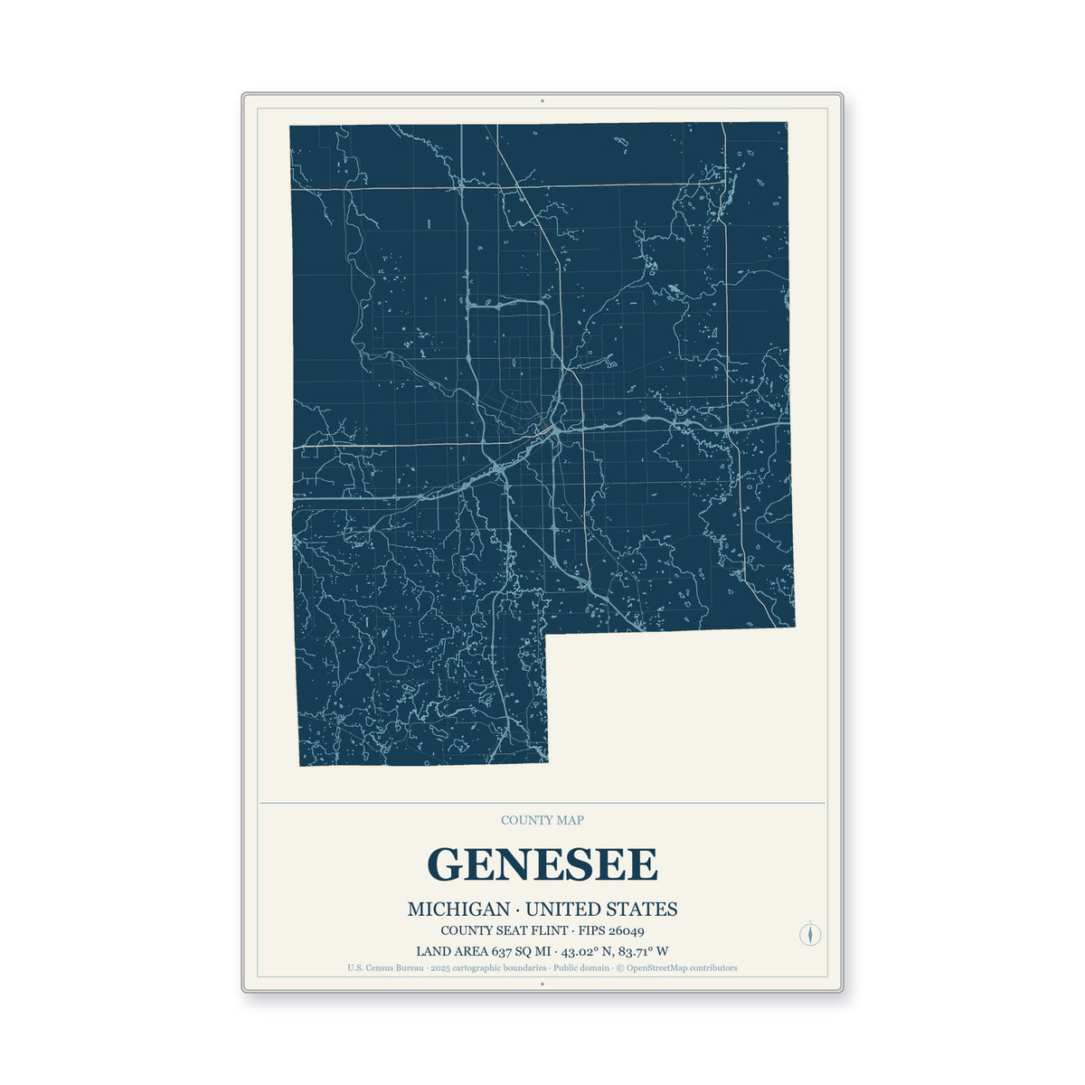 Genesee County, Michigan Map Aluminum Sign in Coastal Cutout style
