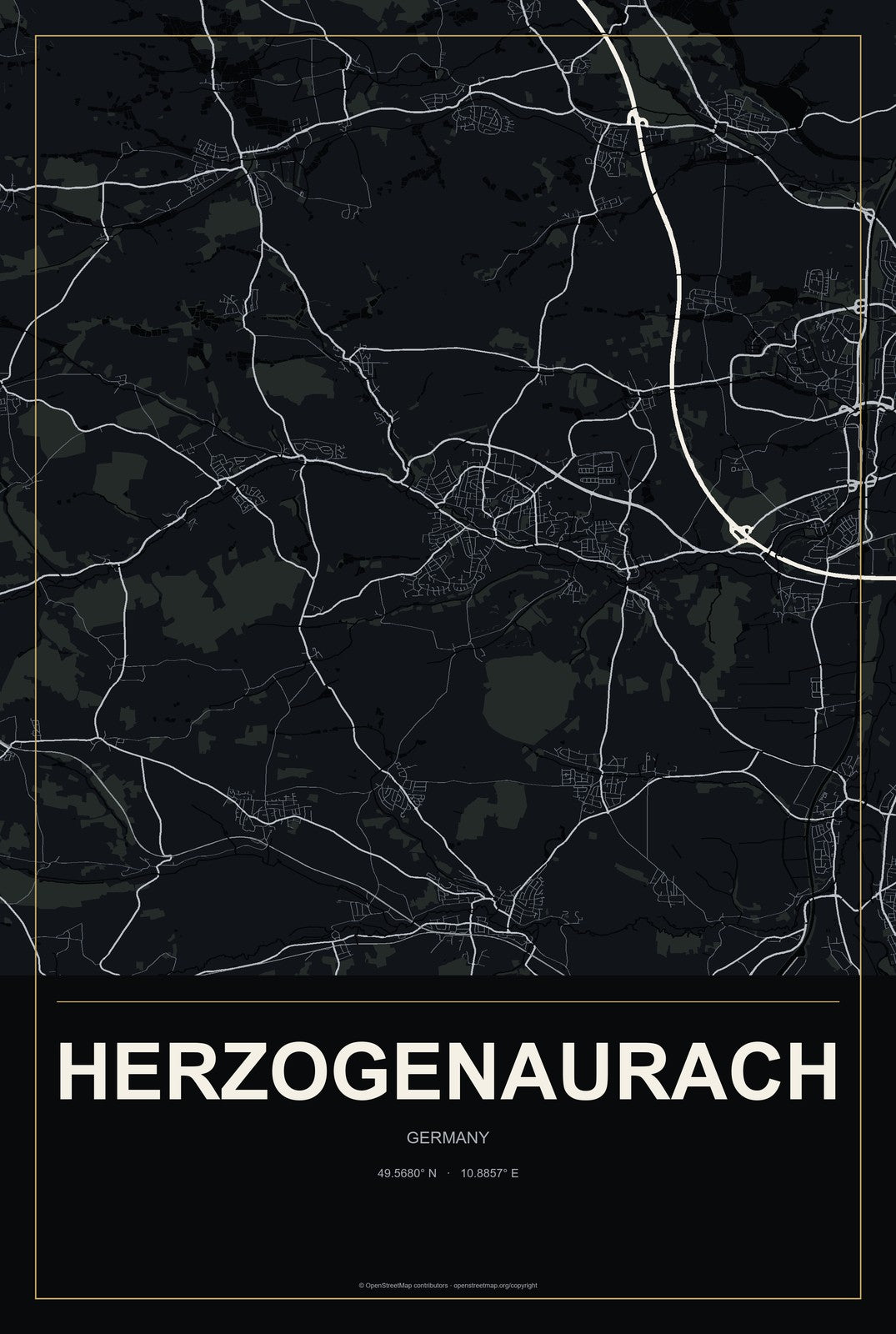 Herzogenaurach, Germany City Map Aluminum Sign in Metropolitan Noir style