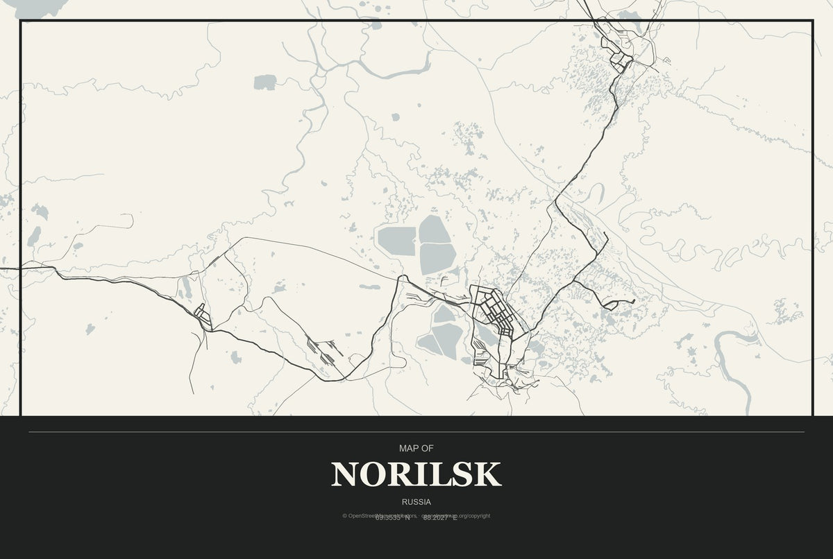 Norilsk, Russia City Map Aluminum Sign in Museum Plaque style