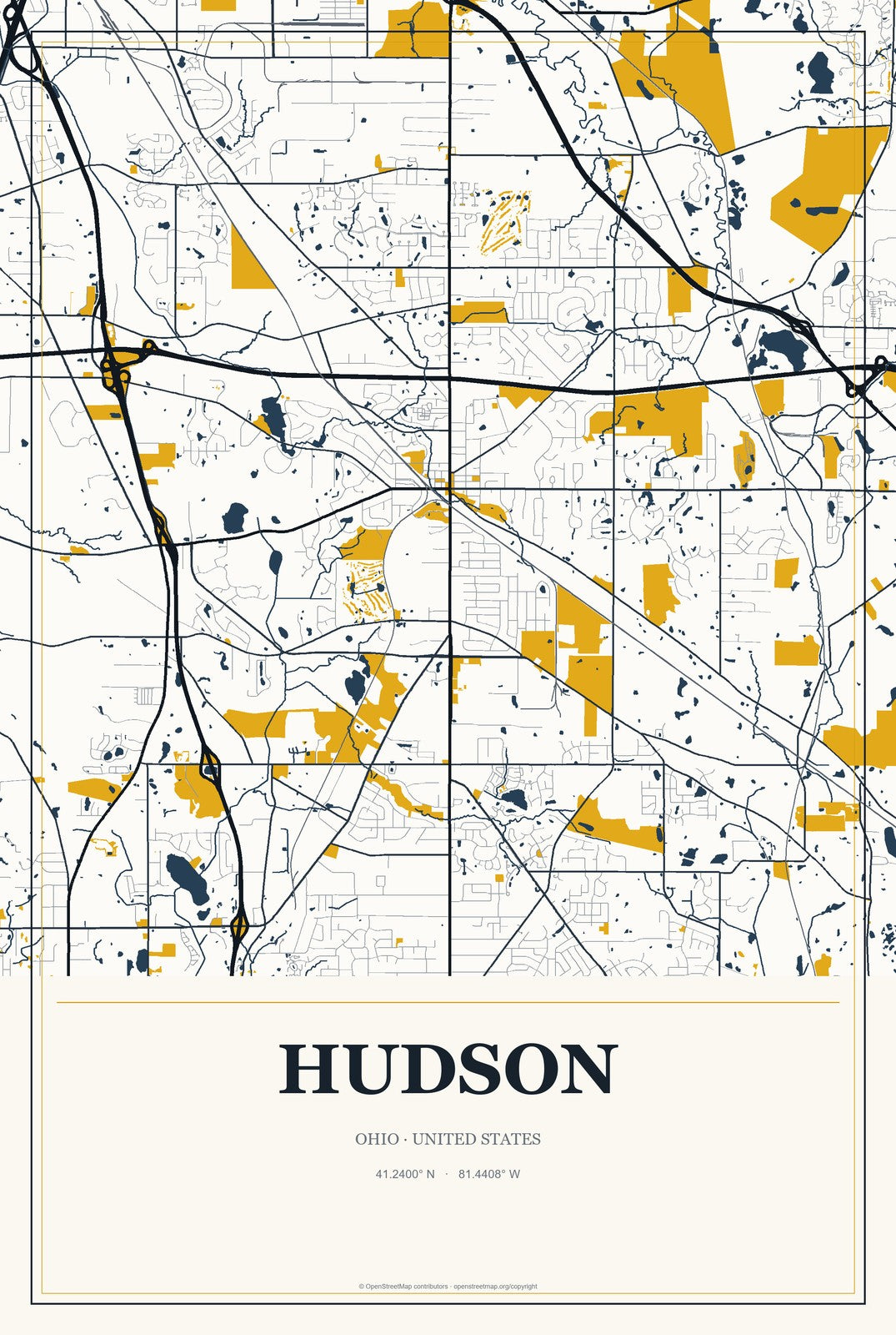 Hudson, Ohio City Map Aluminum Sign in Citrine Modern style