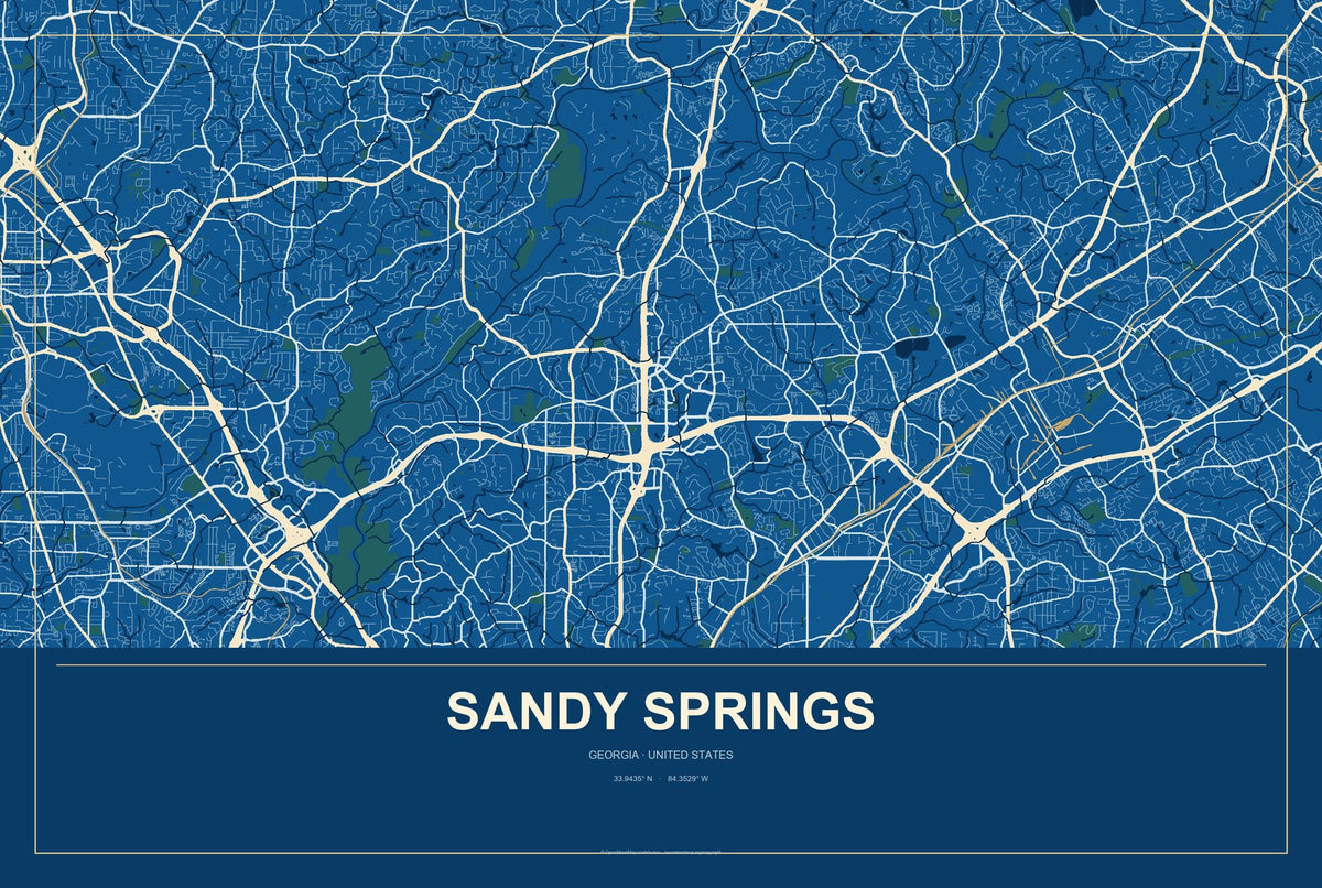 Sandy Springs, Georgia City Map Aluminum Sign in Harbor Cobalt style