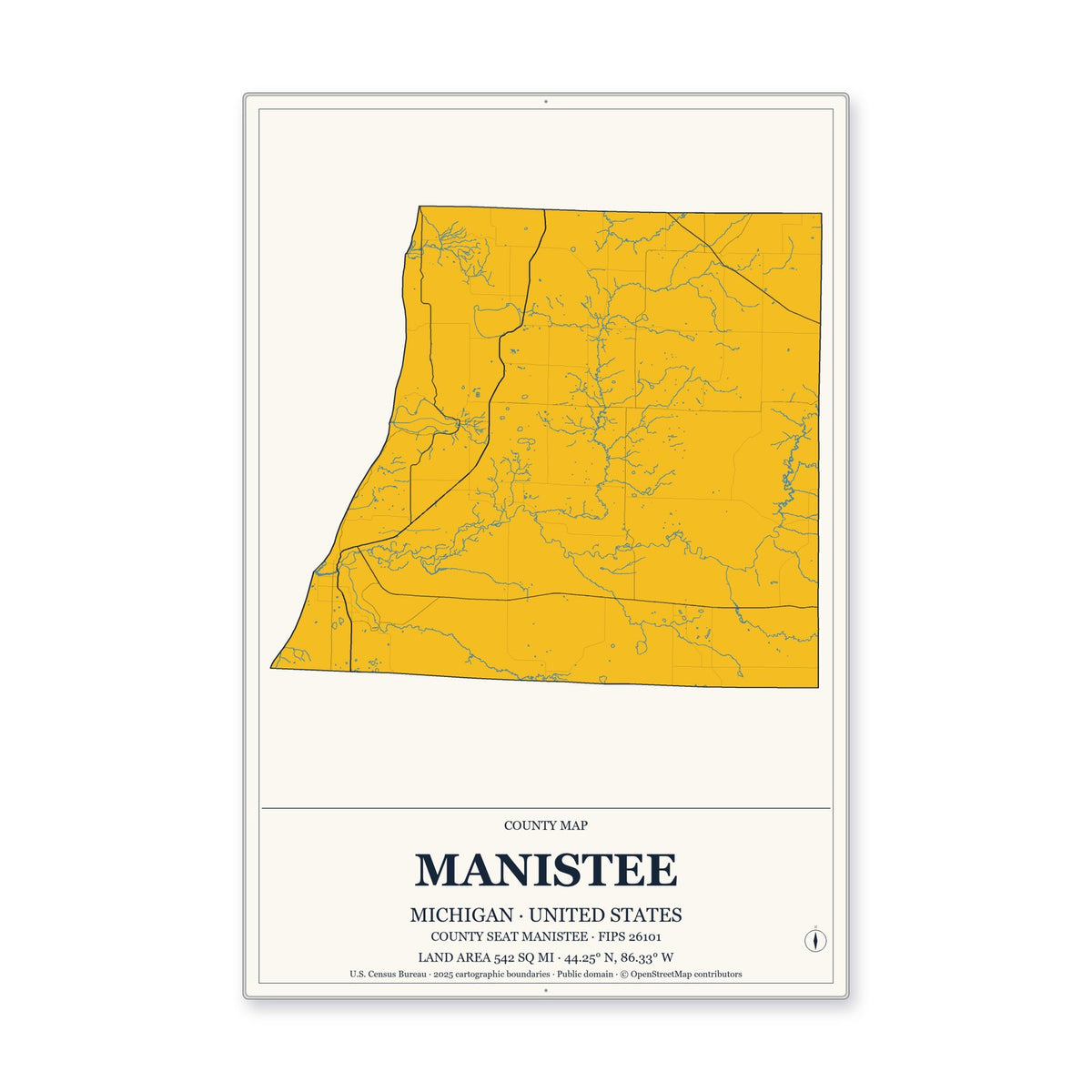 Manistee County, Michigan Map Aluminum Sign in Citrine Modern style
