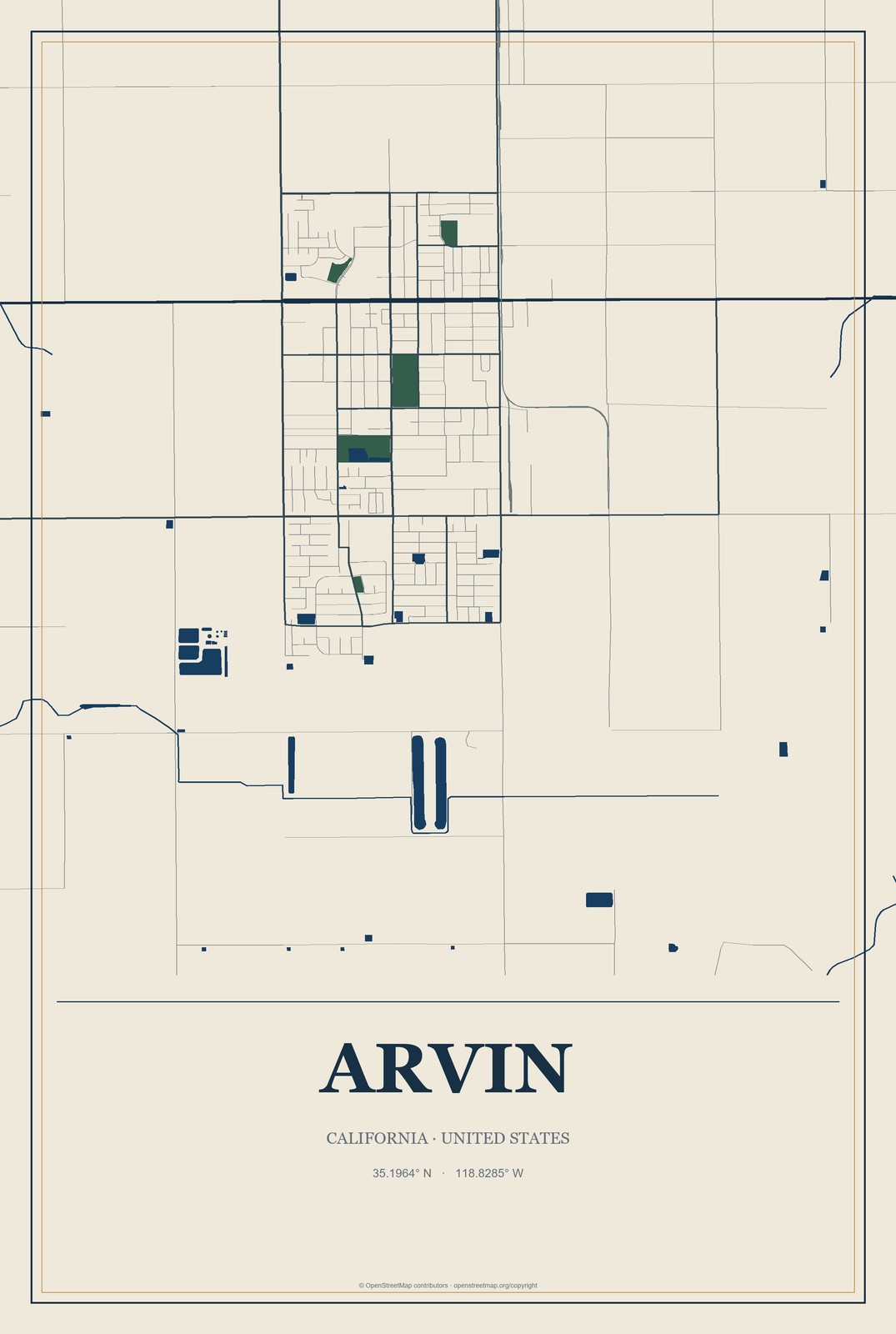 Arvin, California City Map Aluminum Sign in Coastal Cutout style