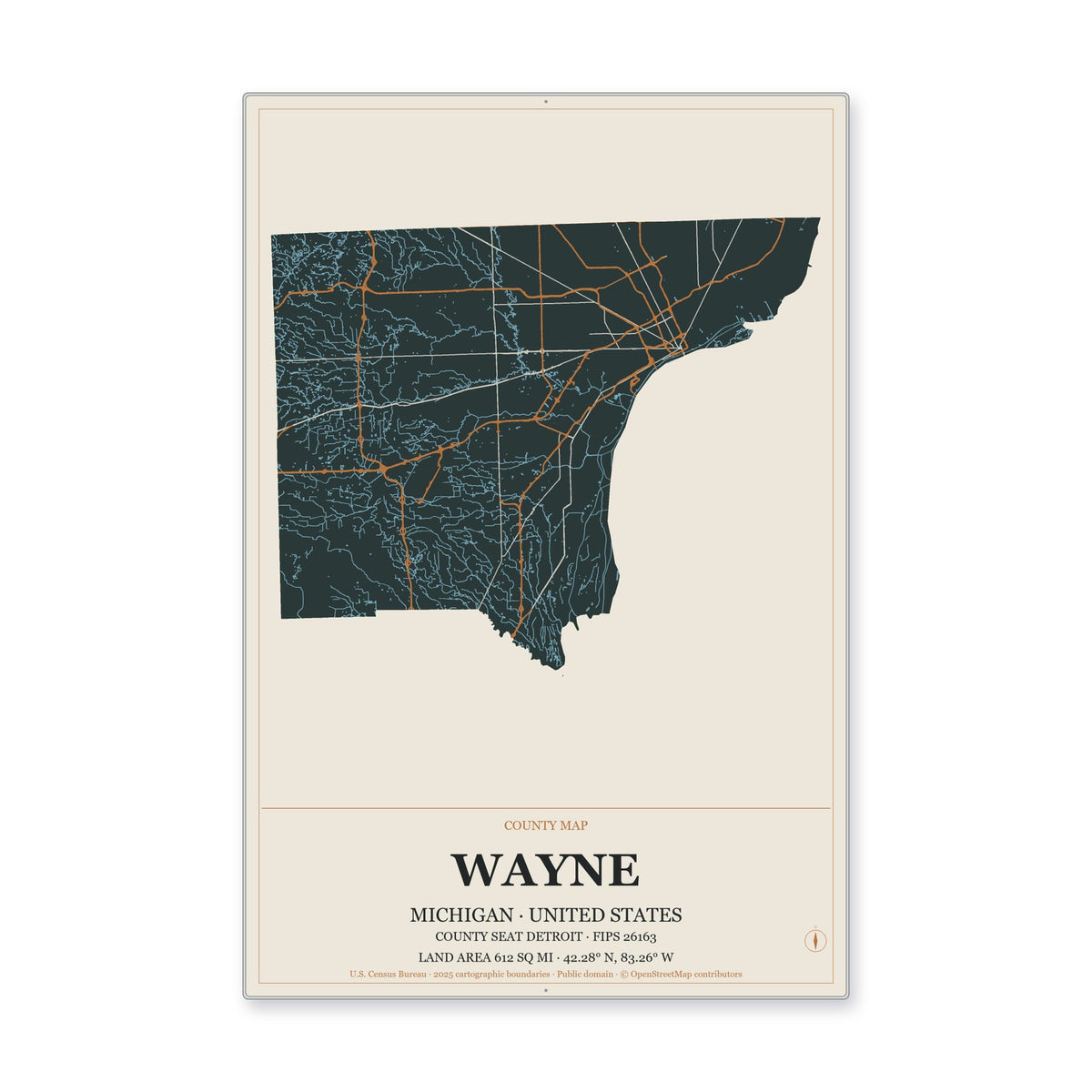 Wayne County, Michigan Map Aluminum Sign in Headline Atlas style